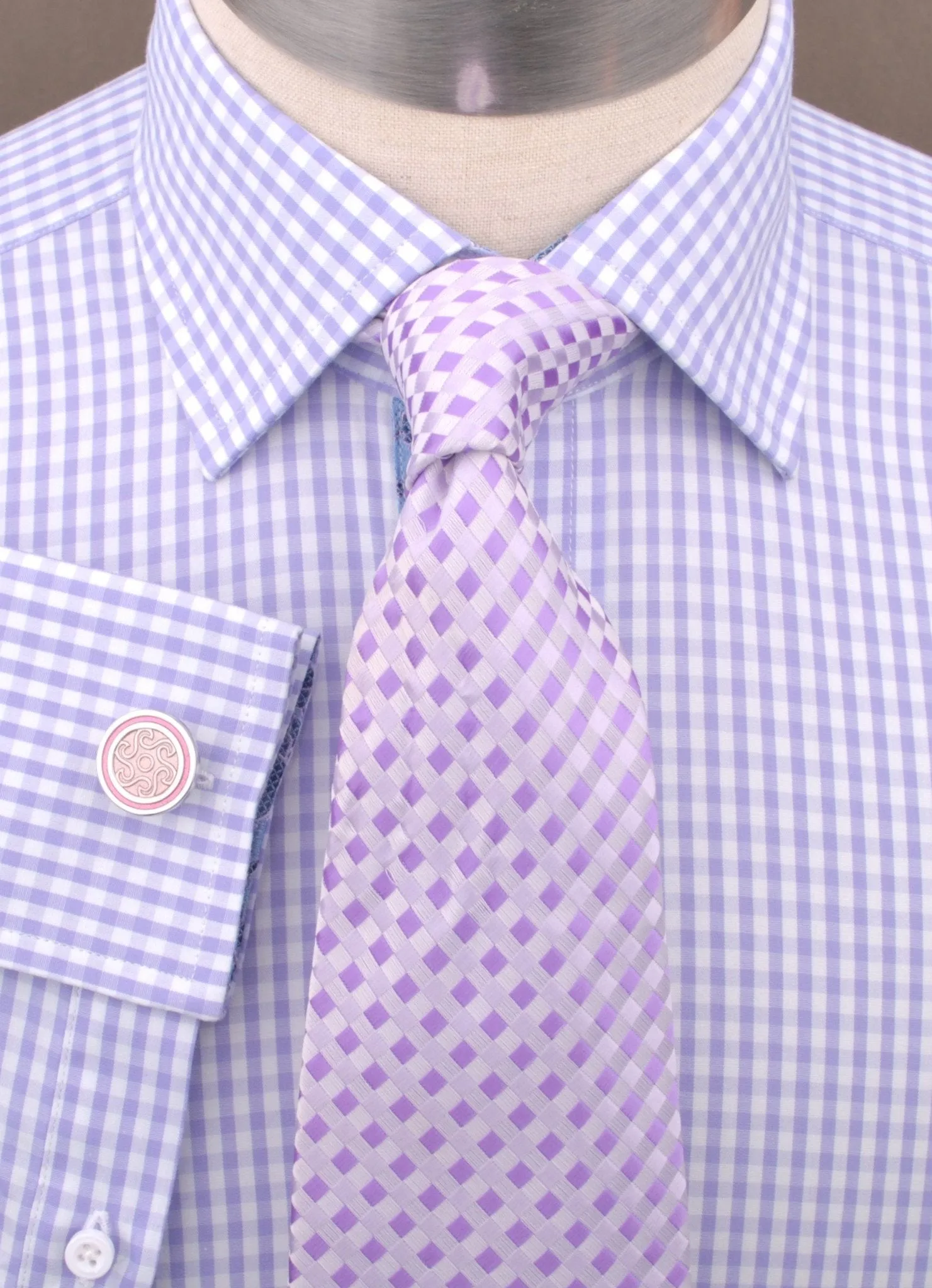 Lavender Soft Purple Gingham Checkered Formal Business Dress Shirt with Hawaiian Hibiscus