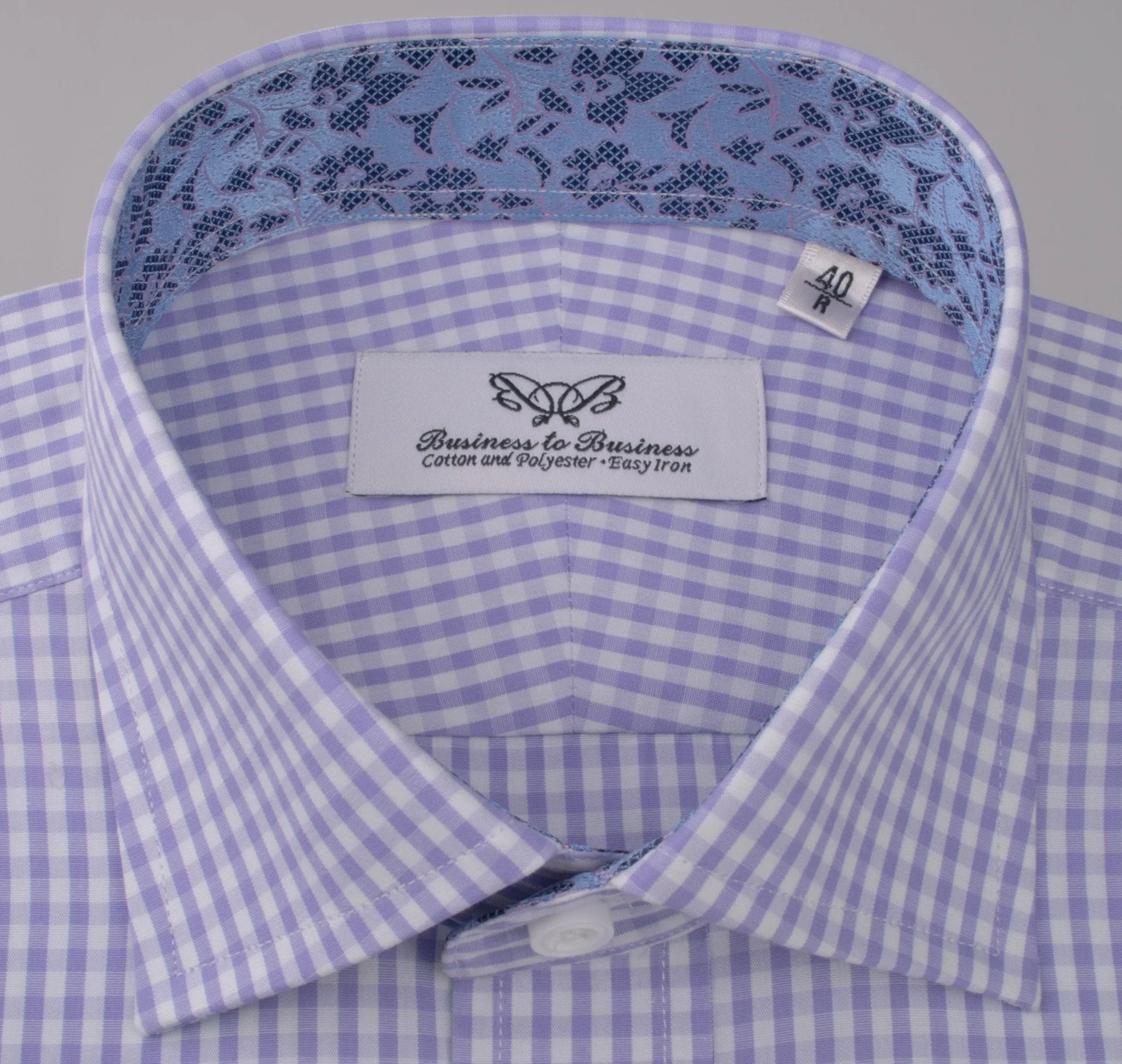 Lavender Soft Purple Gingham Checkered Formal Business Dress Shirt with Hawaiian Hibiscus