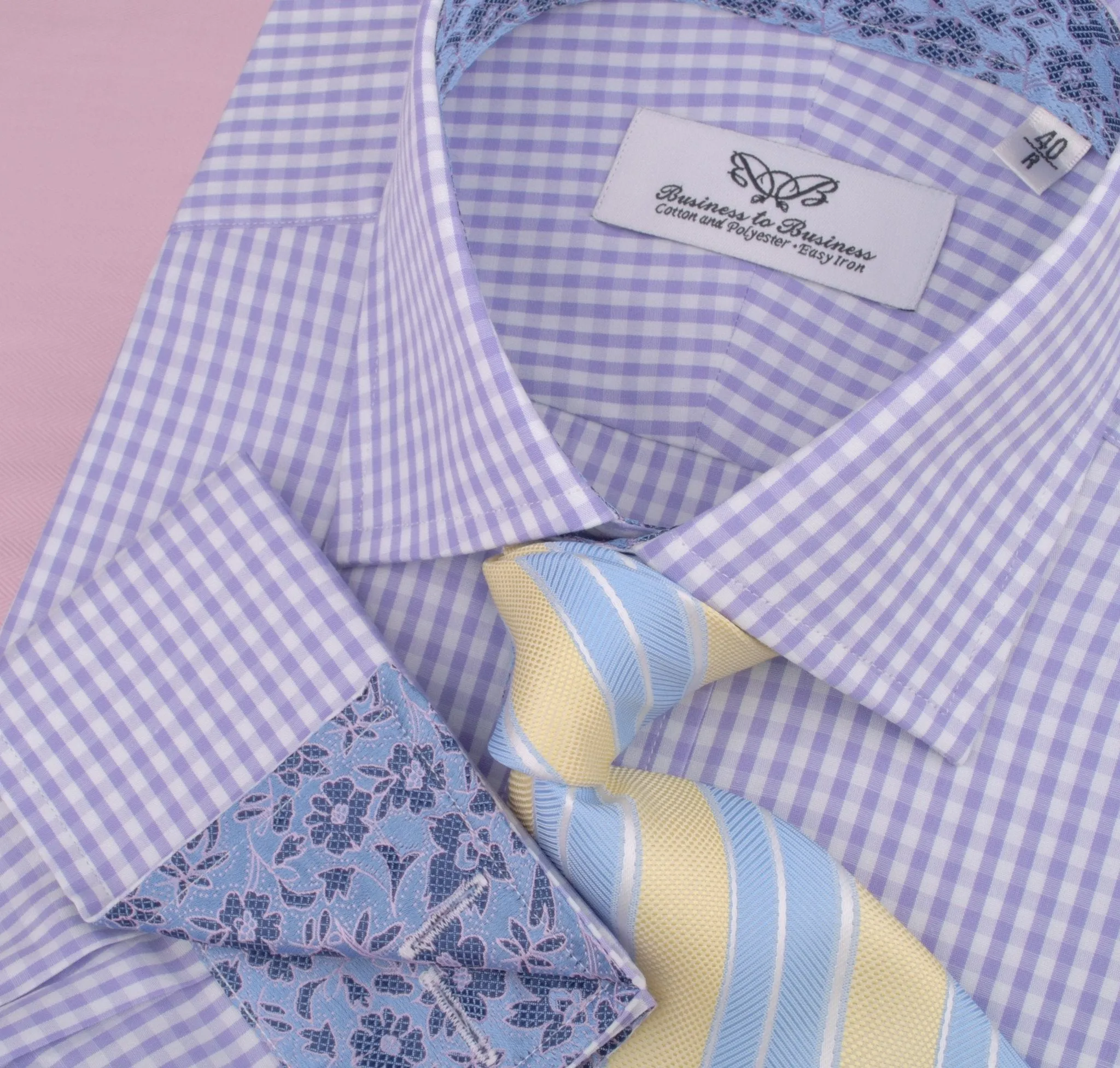 Lavender Soft Purple Gingham Checkered Formal Business Dress Shirt with Hawaiian Hibiscus