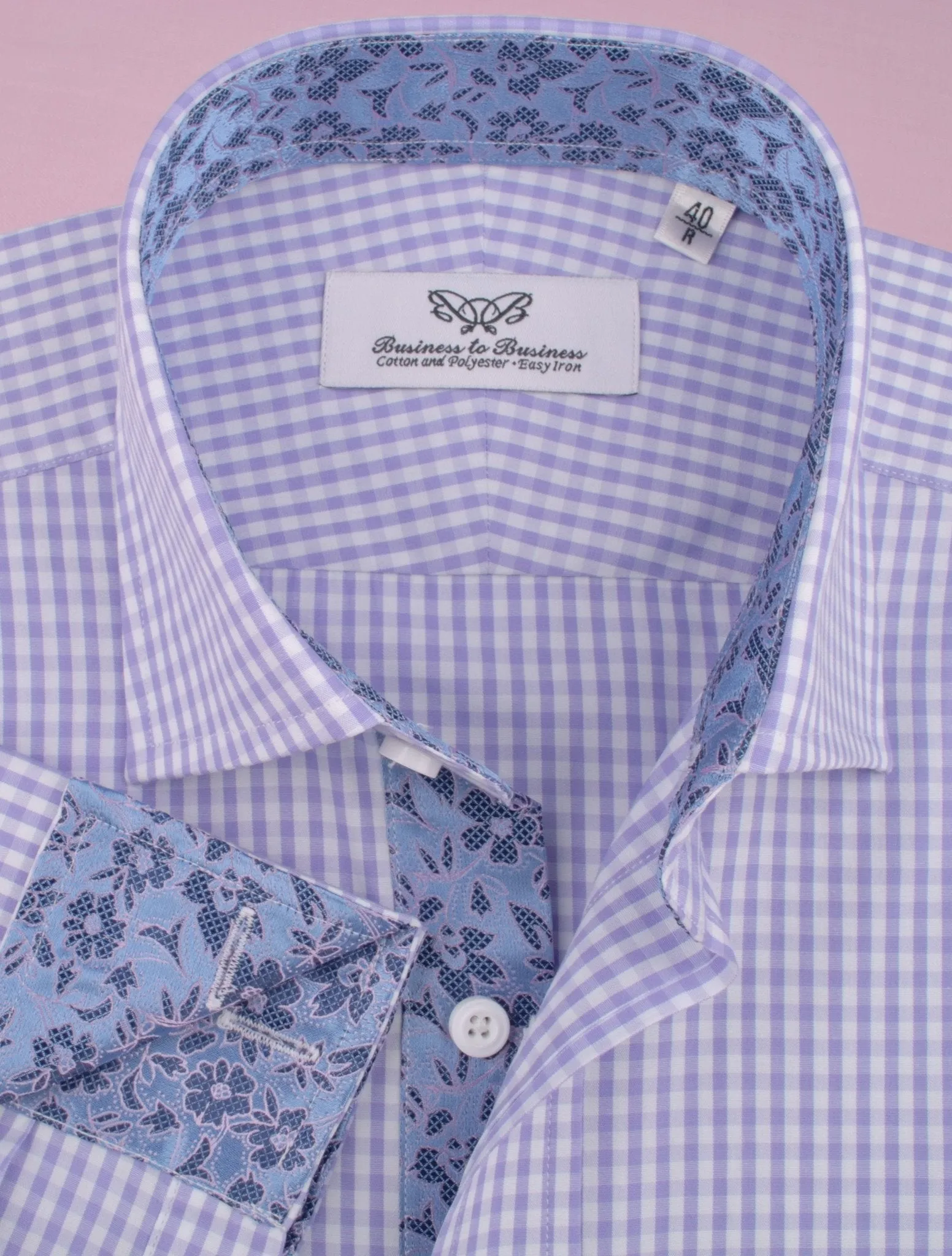 Lavender Soft Purple Gingham Checkered Formal Business Dress Shirt with Hawaiian Hibiscus