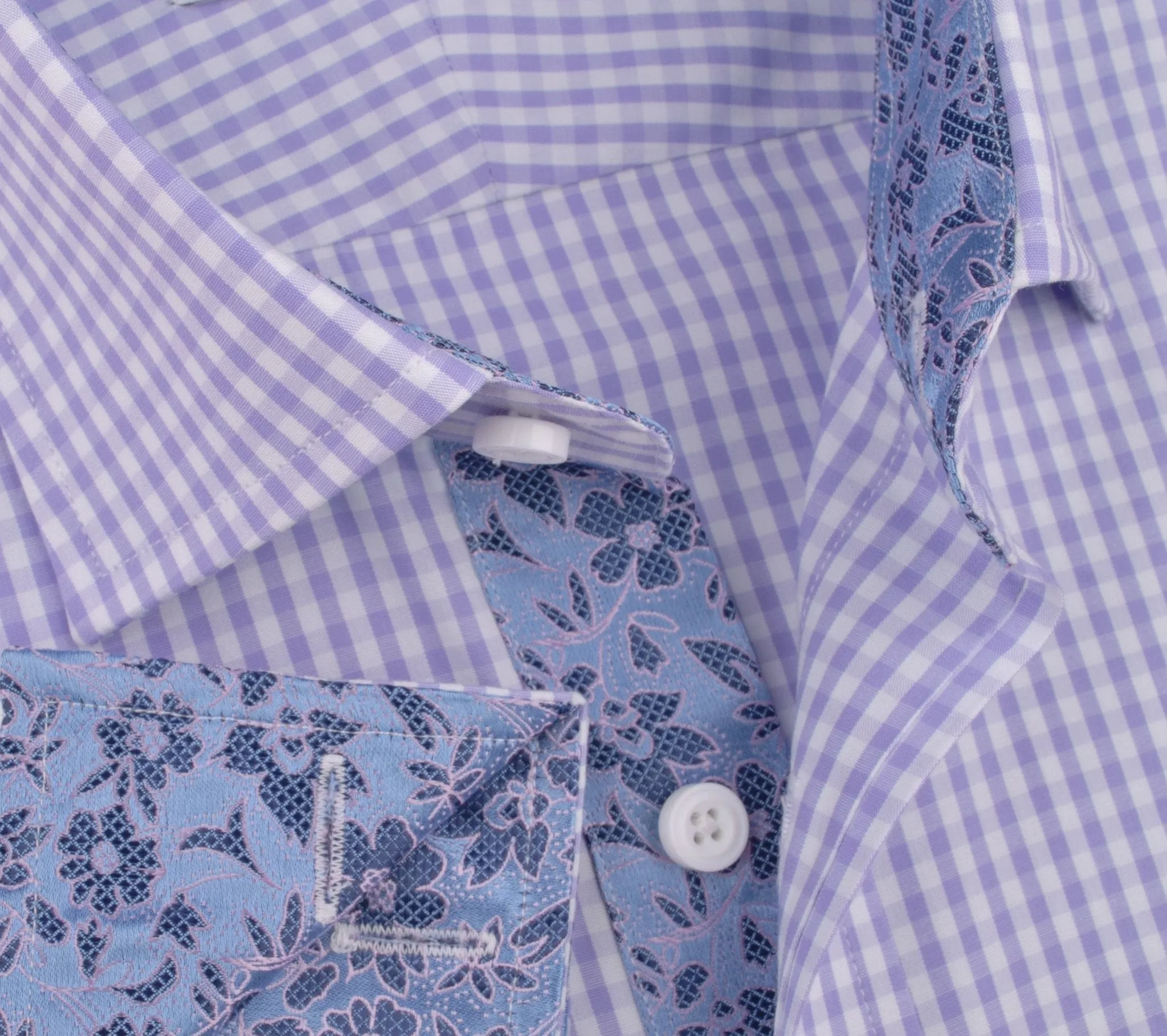 Lavender Soft Purple Gingham Checkered Formal Business Dress Shirt with Hawaiian Hibiscus