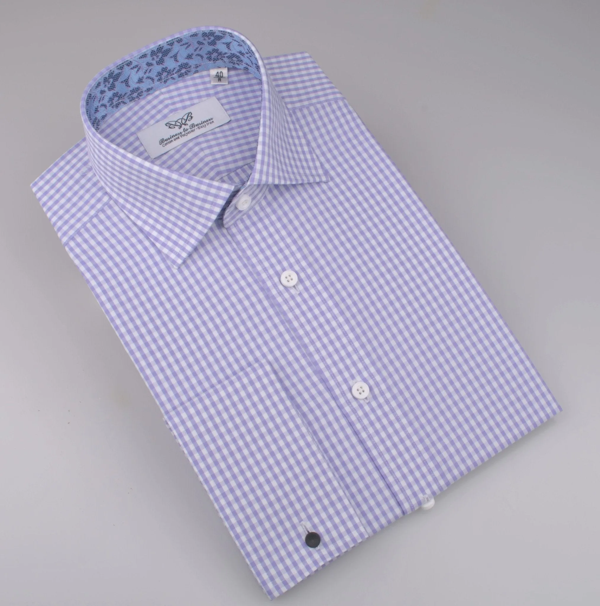 Lavender Soft Purple Gingham Checkered Formal Business Dress Shirt with Hawaiian Hibiscus