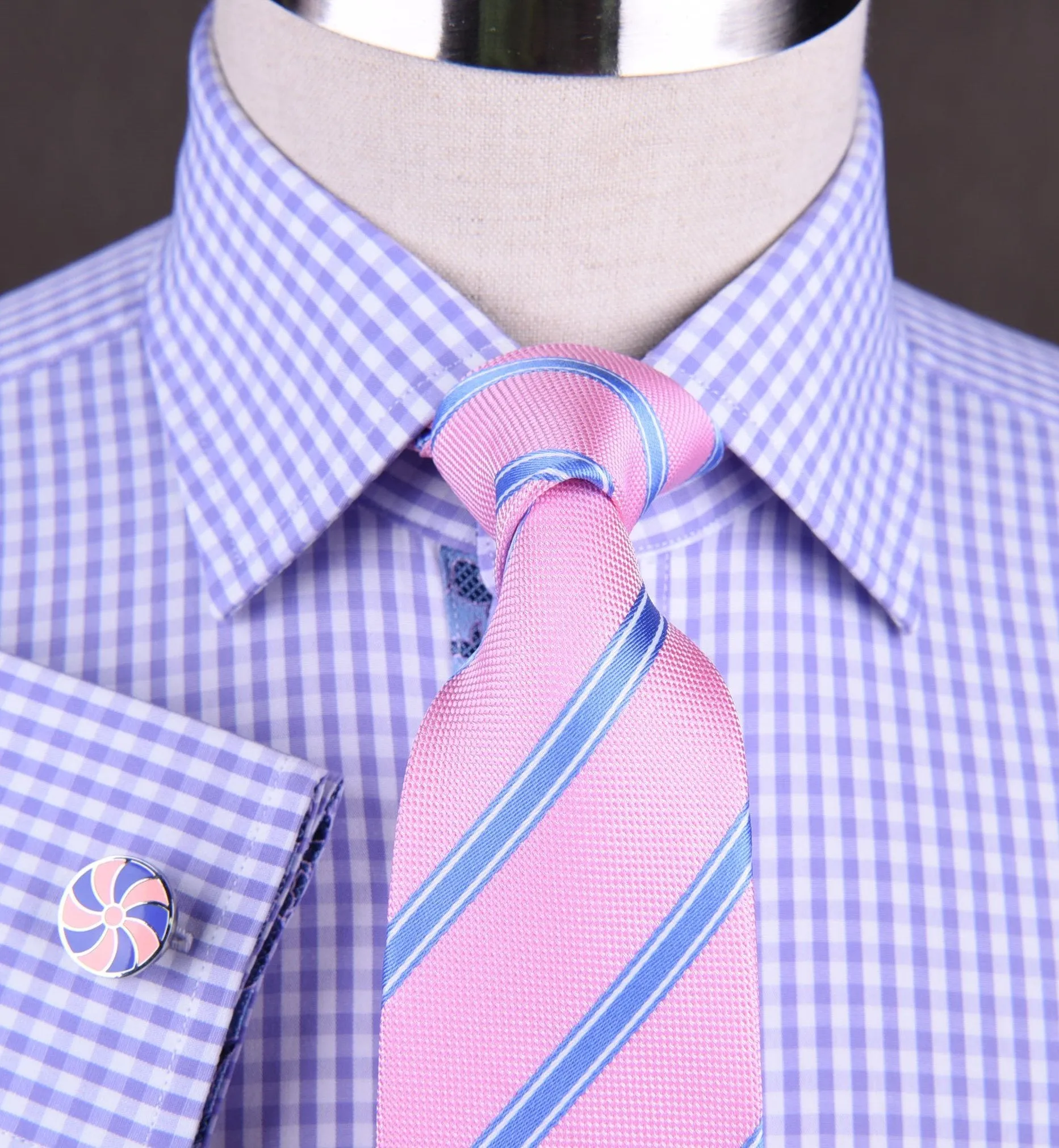 Lavender Soft Purple Gingham Checkered Formal Business Dress Shirt with Hawaiian Hibiscus