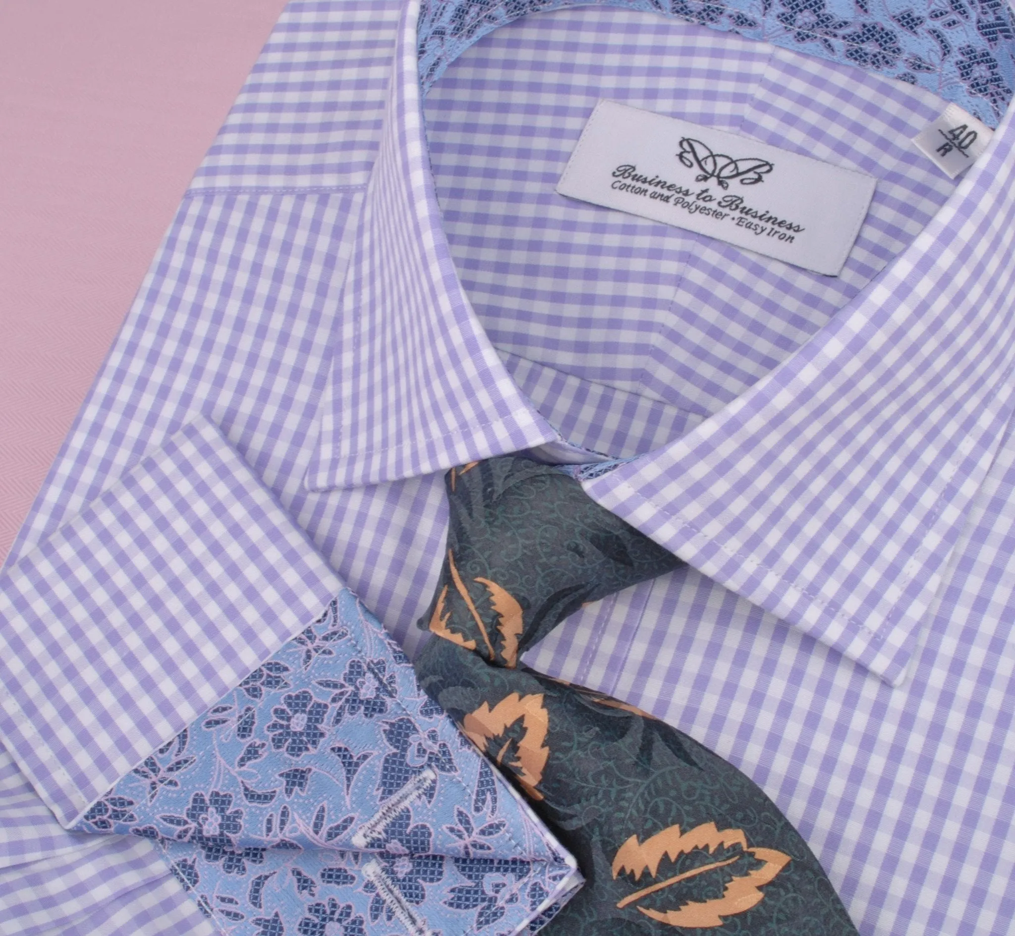 Lavender Soft Purple Gingham Checkered Formal Business Dress Shirt with Hawaiian Hibiscus
