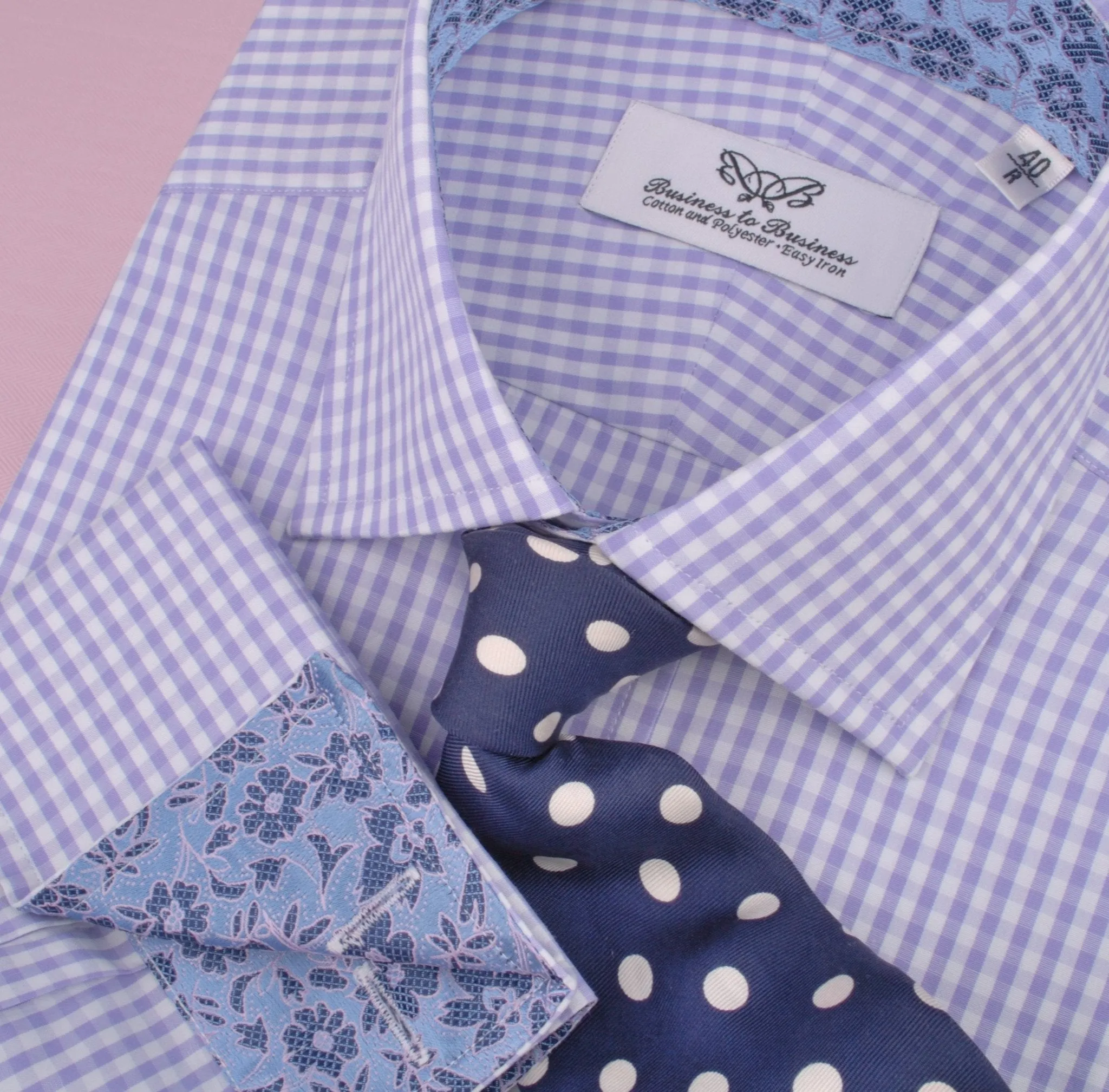 Lavender Soft Purple Gingham Checkered Formal Business Dress Shirt with Hawaiian Hibiscus