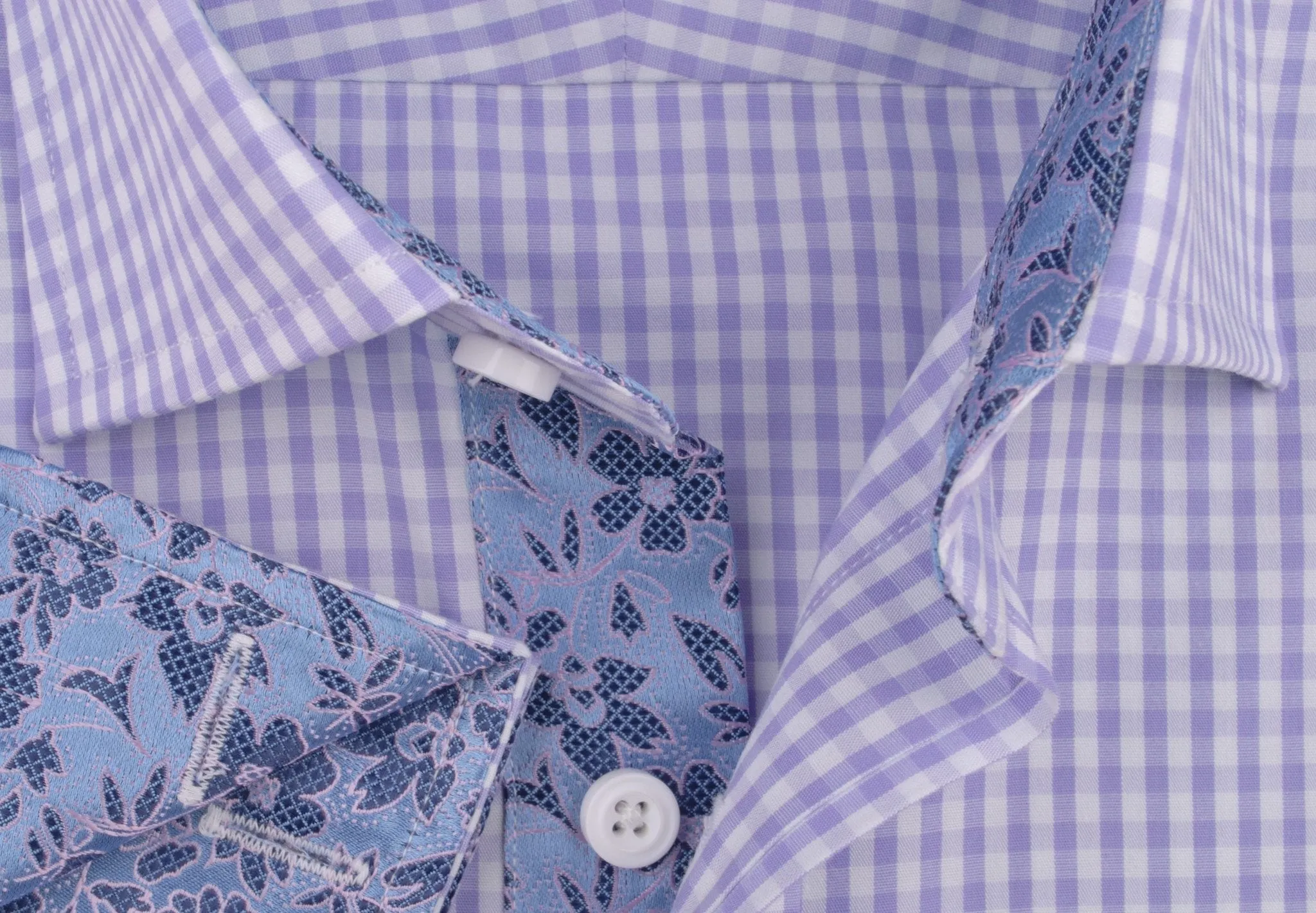 Lavender Soft Purple Gingham Checkered Formal Business Dress Shirt with Hawaiian Hibiscus