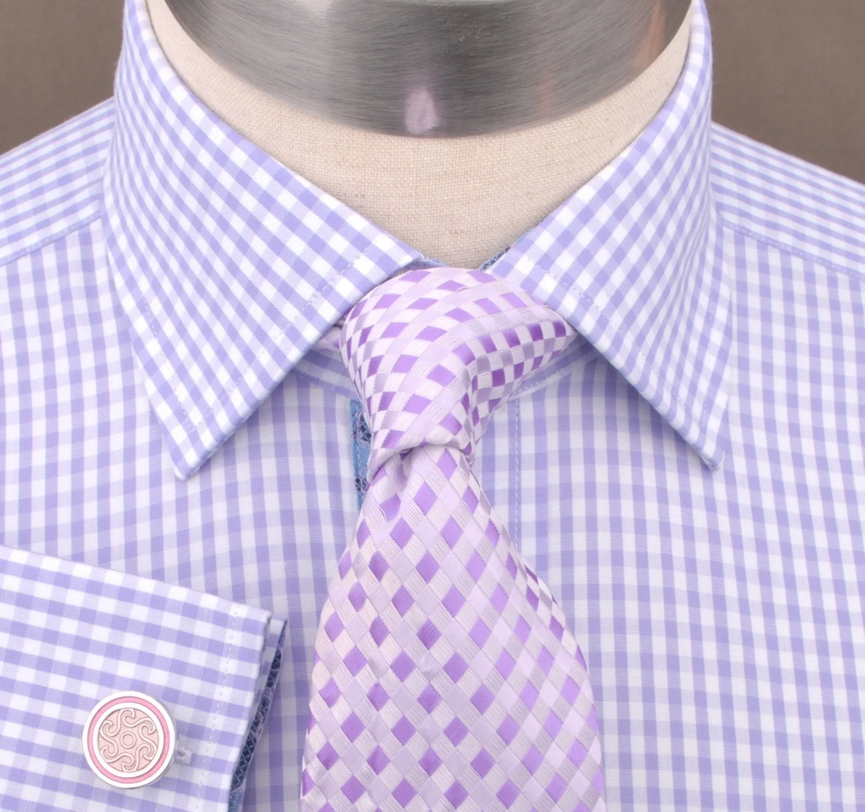 Lavender Soft Purple Gingham Checkered Formal Business Dress Shirt with Hawaiian Hibiscus