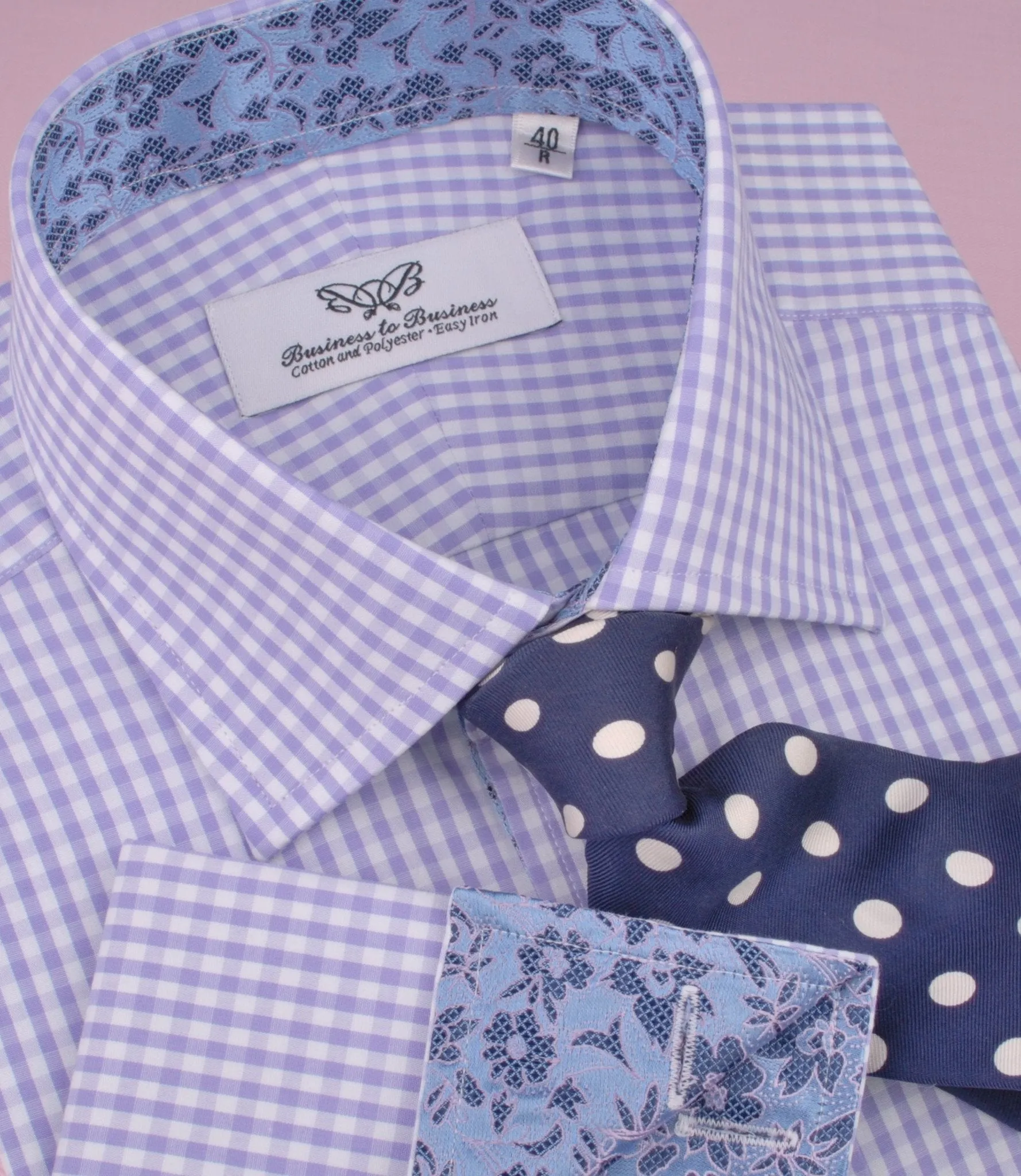 Lavender Soft Purple Gingham Checkered Formal Business Dress Shirt with Hawaiian Hibiscus