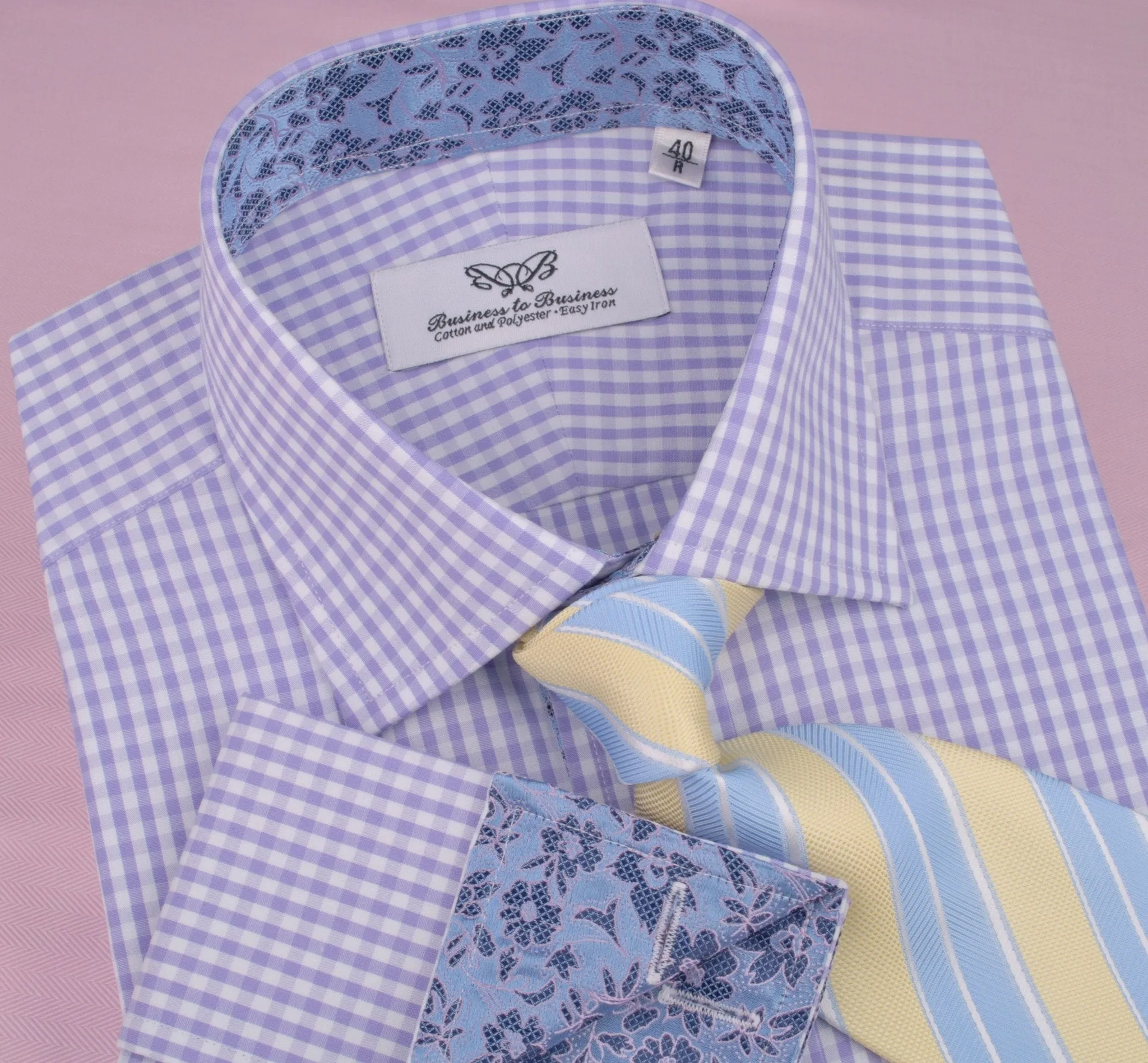 Lavender Soft Purple Gingham Checkered Formal Business Dress Shirt with Hawaiian Hibiscus