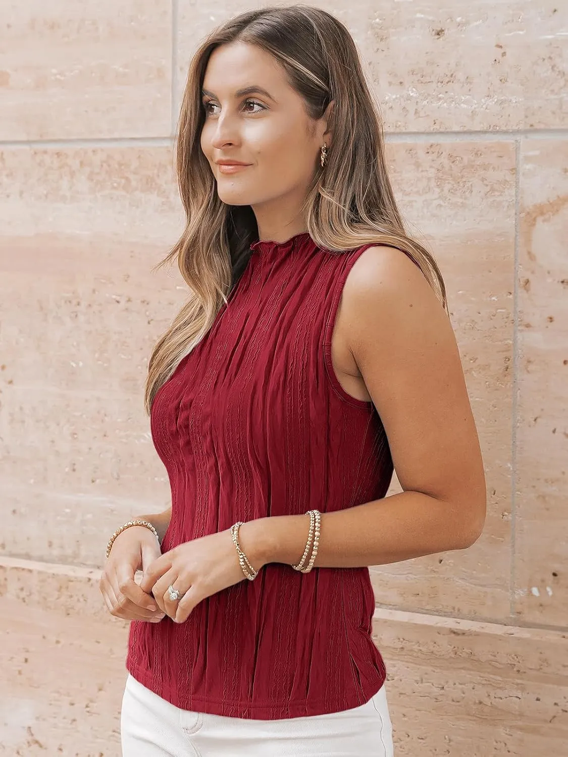 LILLUSORY Women's Mock Neck Business Casual Tank Tops Sleeveless Ruched Work Blouse Fitted 2025 Trendy Shirts