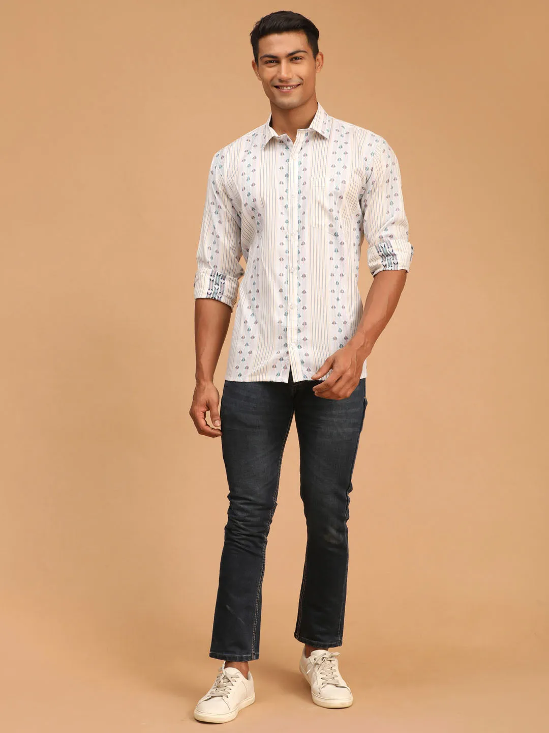 Men's Blue And White Cotton Ethnic Shirt - Vastramay