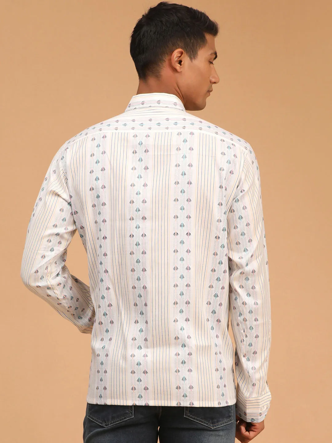 Men's Blue And White Cotton Ethnic Shirt - Vastramay