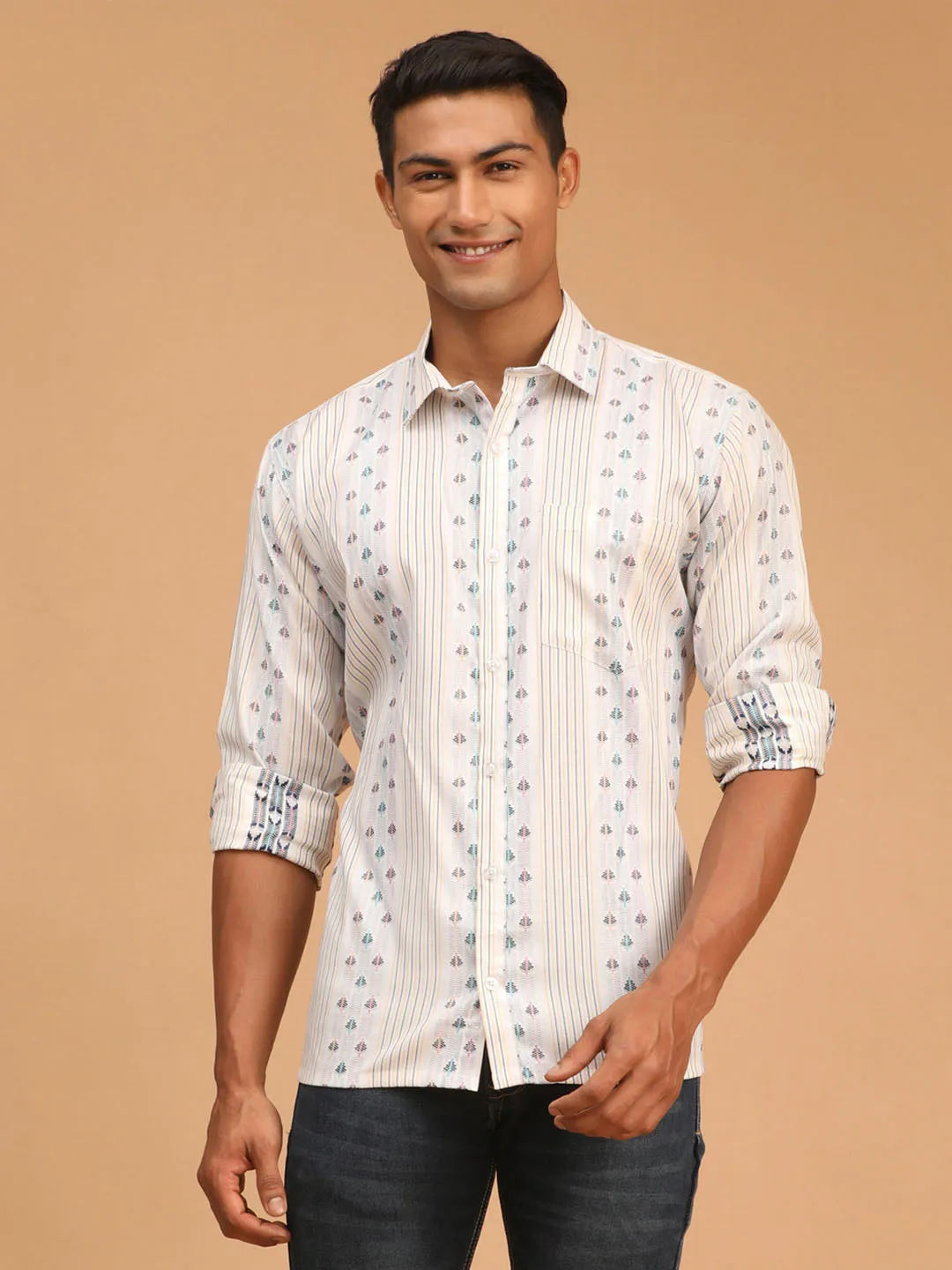 Men's Blue And White Cotton Ethnic Shirt - Vastramay