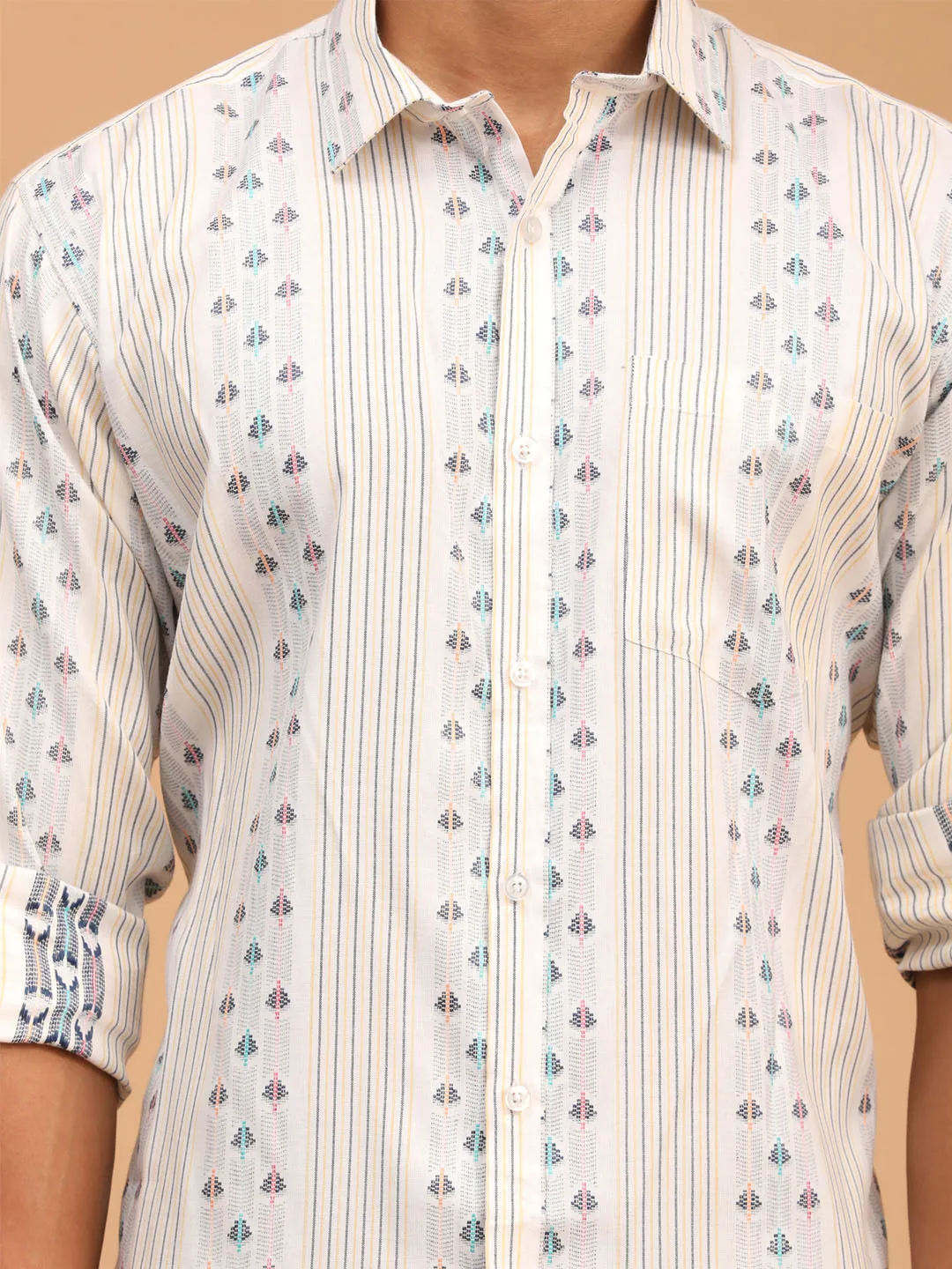 Men's Blue And White Cotton Ethnic Shirt - Vastramay