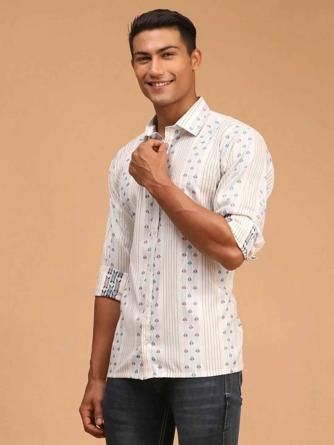 Men's Blue And White Cotton Ethnic Shirt - Vastramay