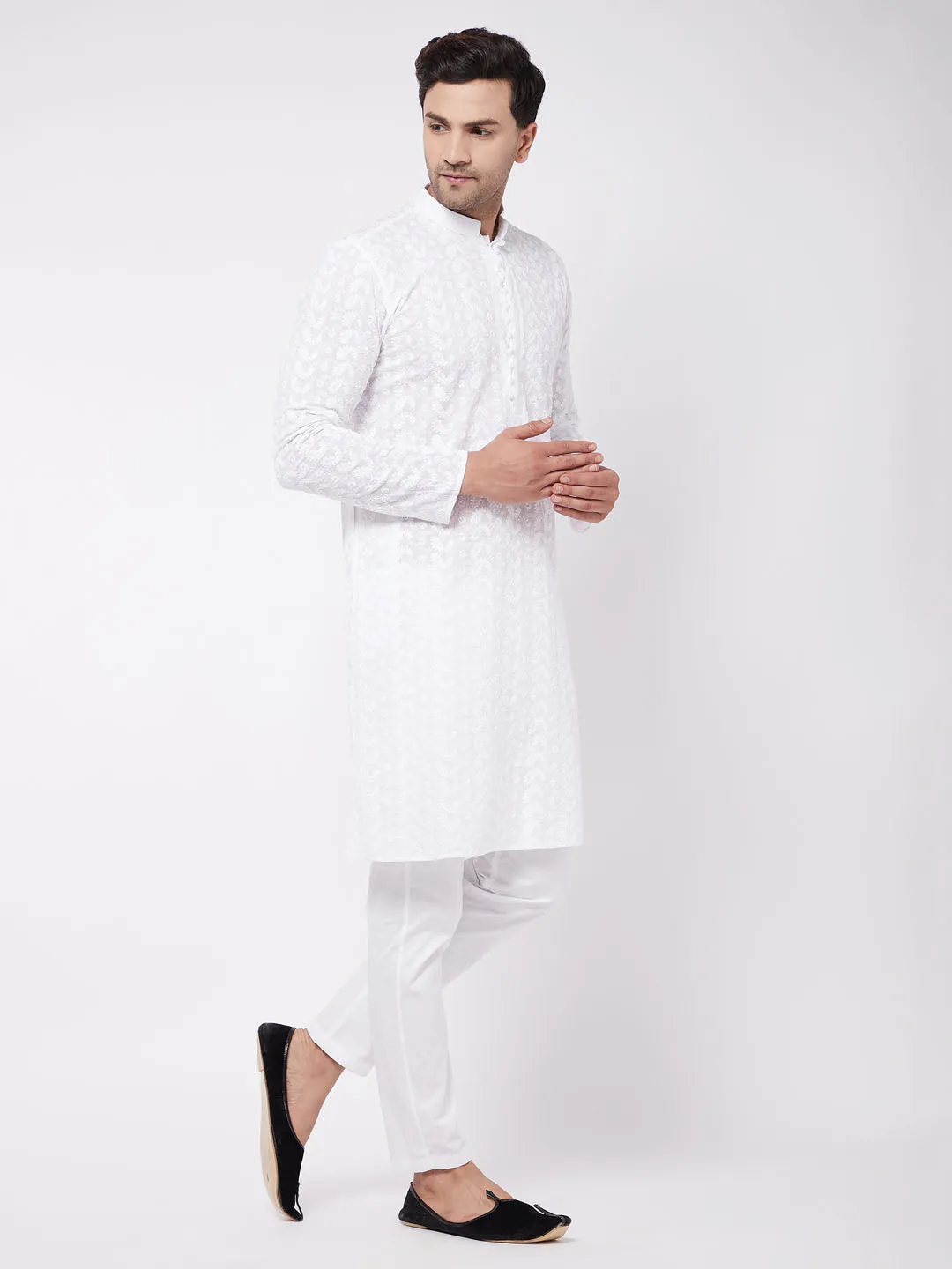 Men's White Pure Cotton Kurta Pyjama Set - Vastramay