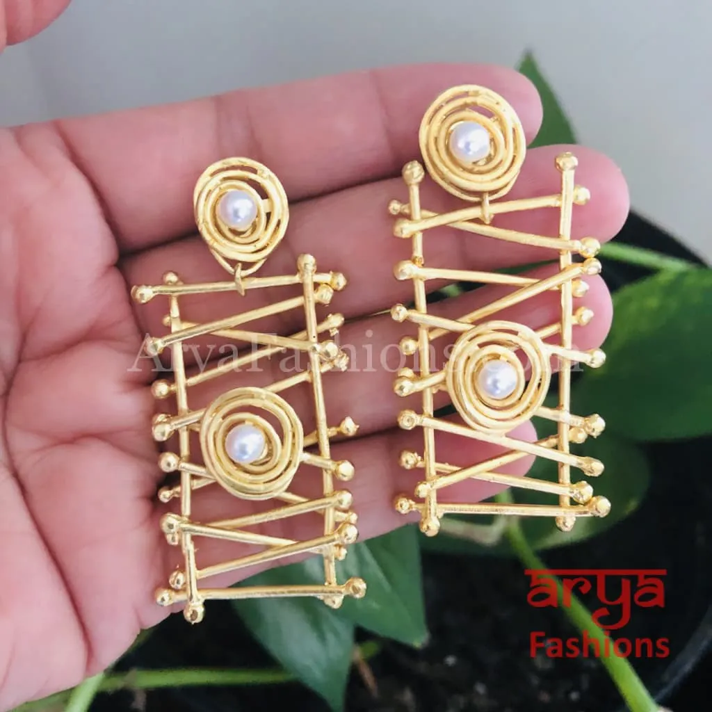 Misha Rectangle Golden Kundan Stud Earrings/Geometrical Fusion Earrings