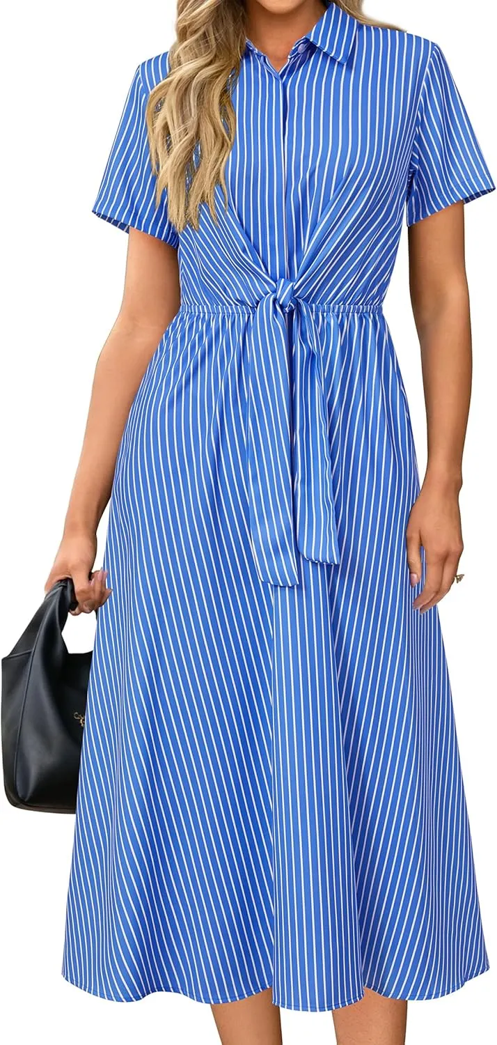 Newshows Womens Wear to Work Long Dresses Tie Waist Shirt Dress Business Casual Outfits Office Attire with Pockets