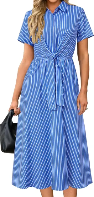 Newshows Womens Wear to Work Long Dresses Tie Waist Shirt Dress Business Casual Outfits Office Attire with Pockets
