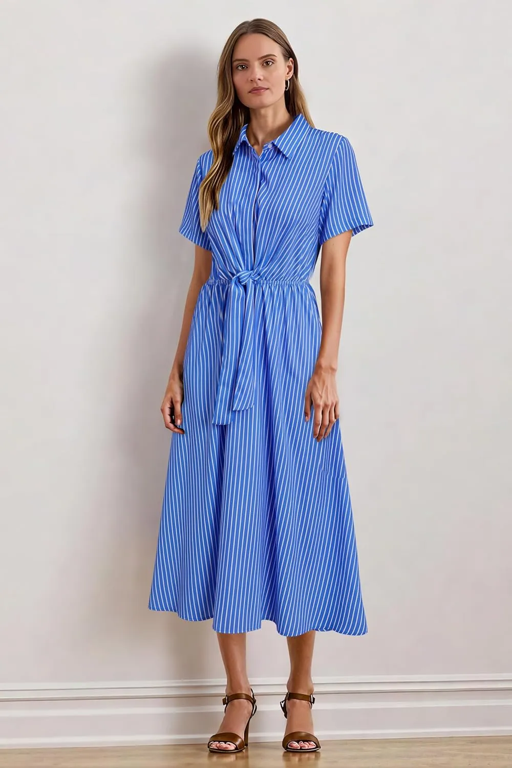 Newshows Womens Wear to Work Long Dresses Tie Waist Shirt Dress Business Casual Outfits Office Attire with Pockets