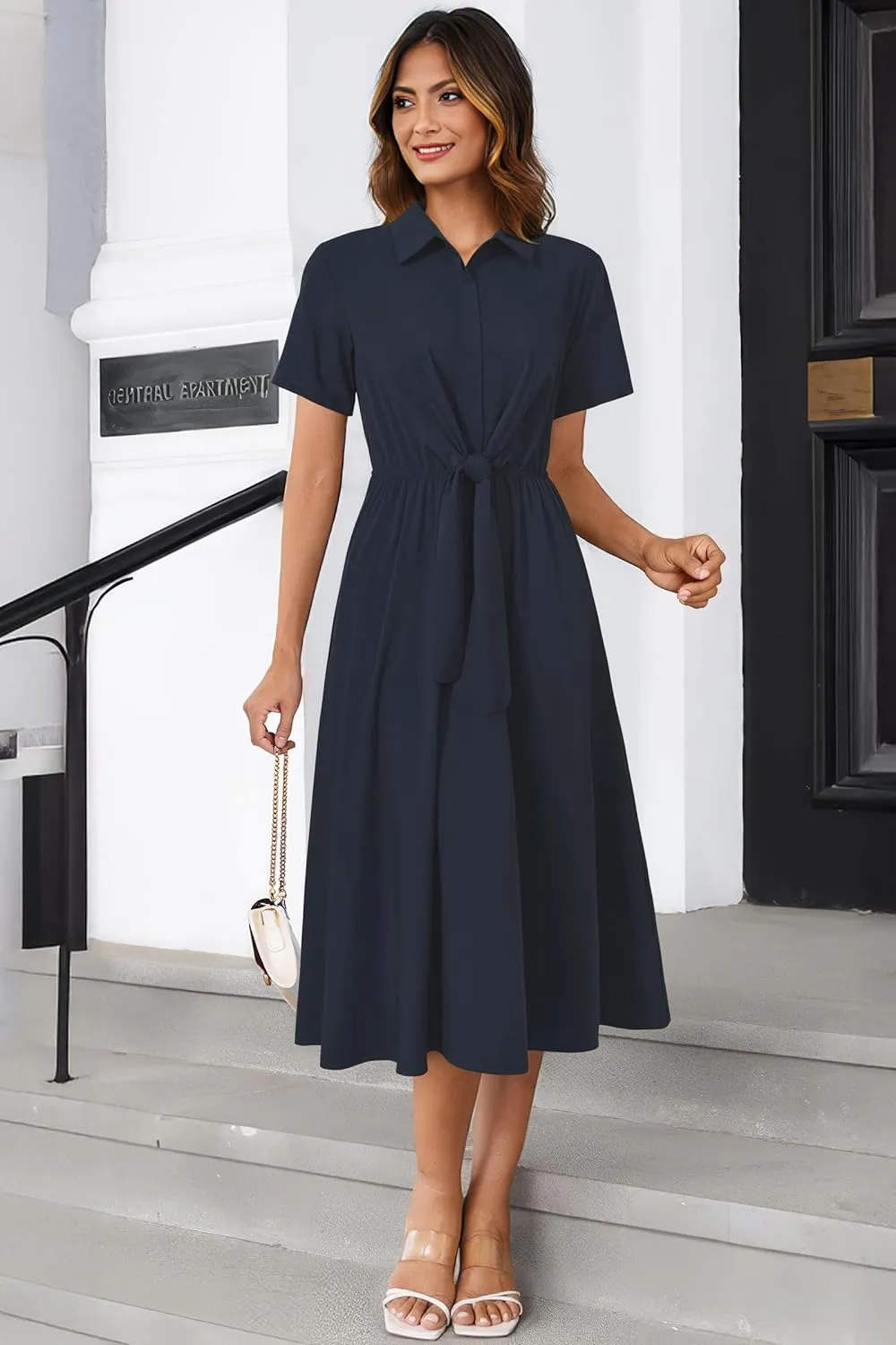 Newshows Womens Wear to Work Long Dresses Tie Waist Shirt Dress Business Casual Outfits Office Attire with Pockets