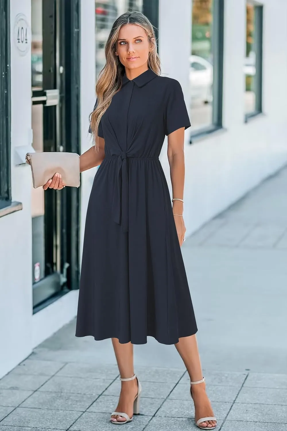 Newshows Womens Wear to Work Long Dresses Tie Waist Shirt Dress Business Casual Outfits Office Attire with Pockets