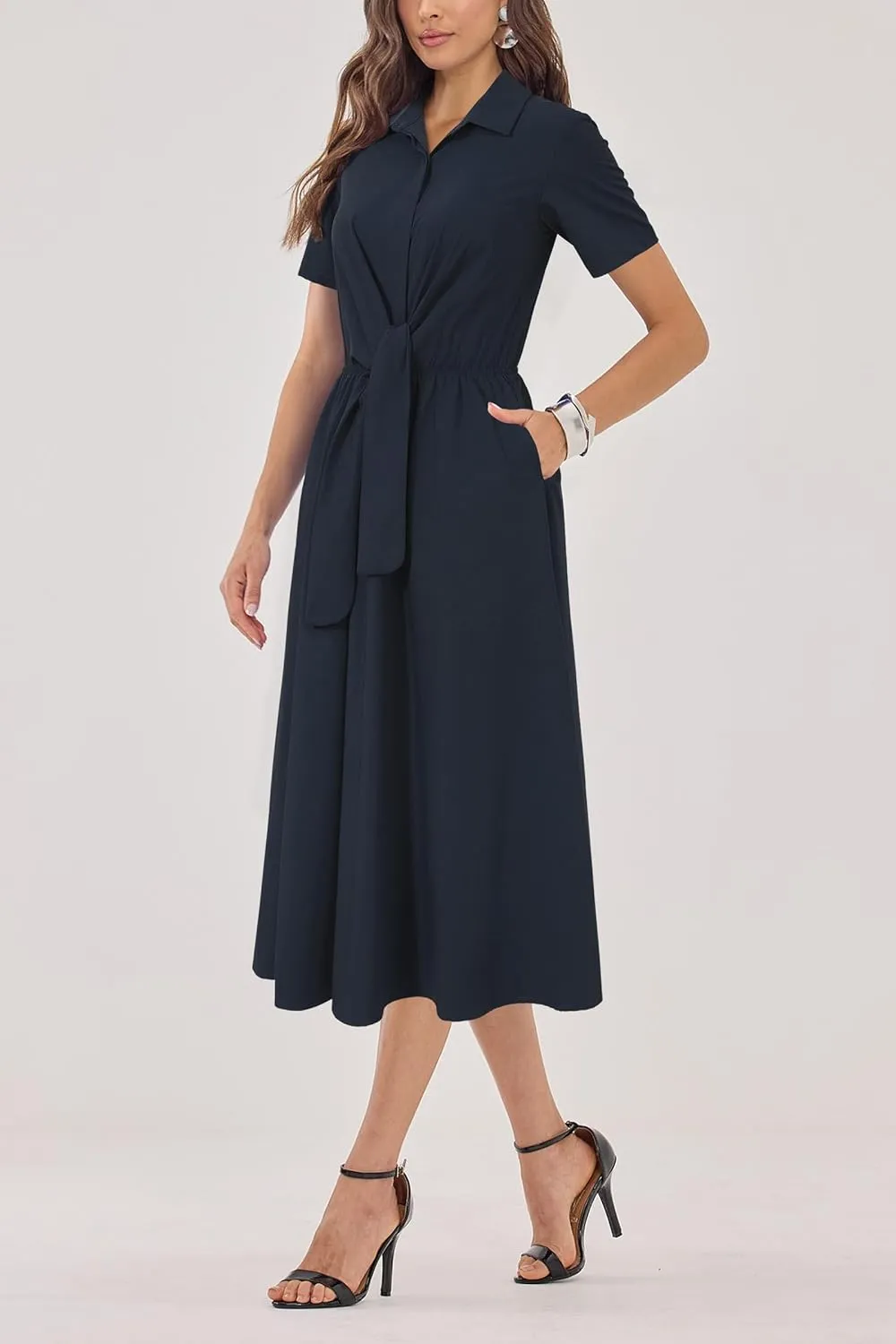 Newshows Womens Wear to Work Long Dresses Tie Waist Shirt Dress Business Casual Outfits Office Attire with Pockets