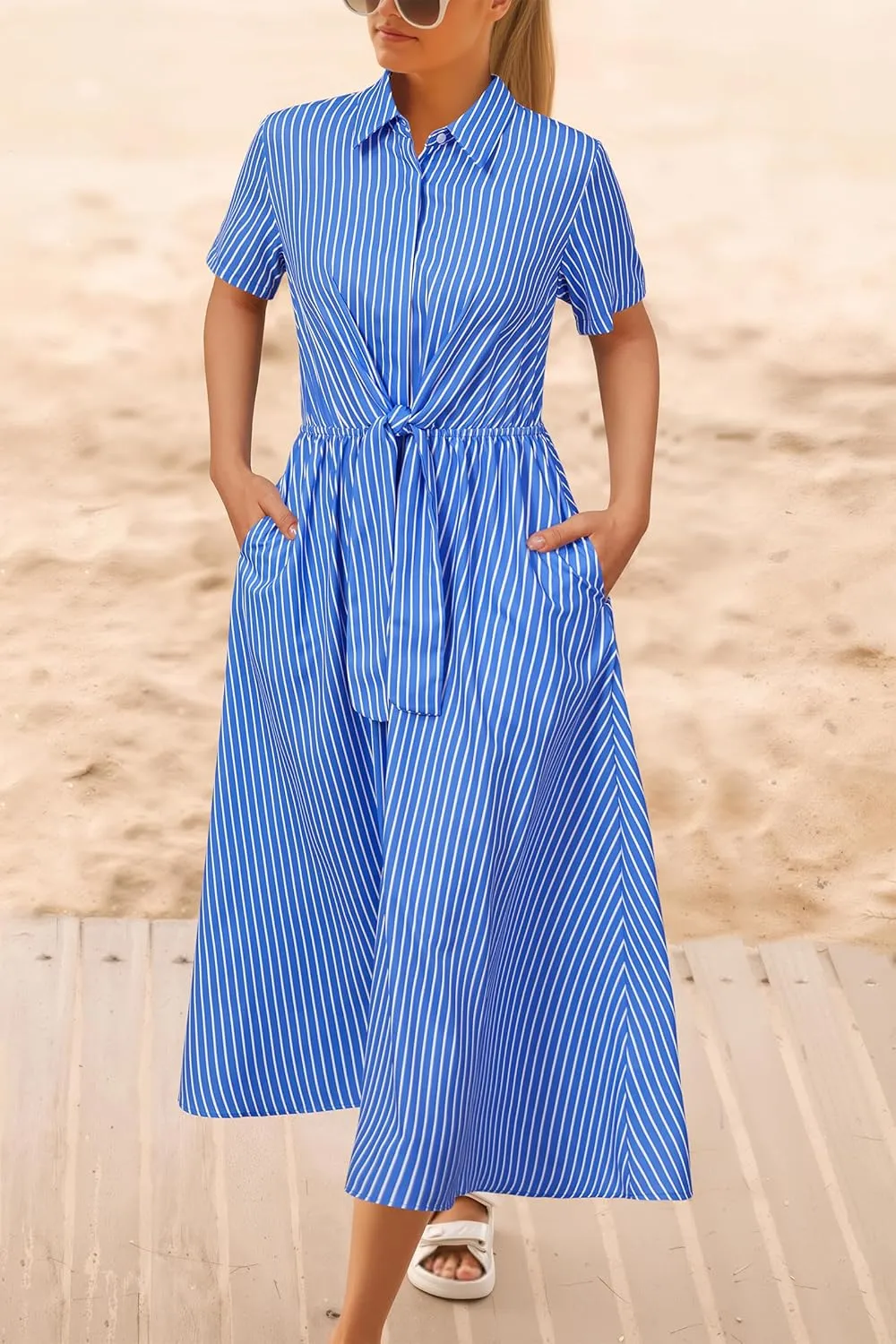 Newshows Womens Wear to Work Long Dresses Tie Waist Shirt Dress Business Casual Outfits Office Attire with Pockets