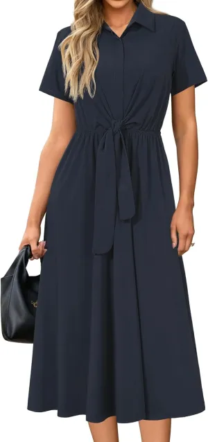 Newshows Womens Wear to Work Long Dresses Tie Waist Shirt Dress Business Casual Outfits Office Attire with Pockets