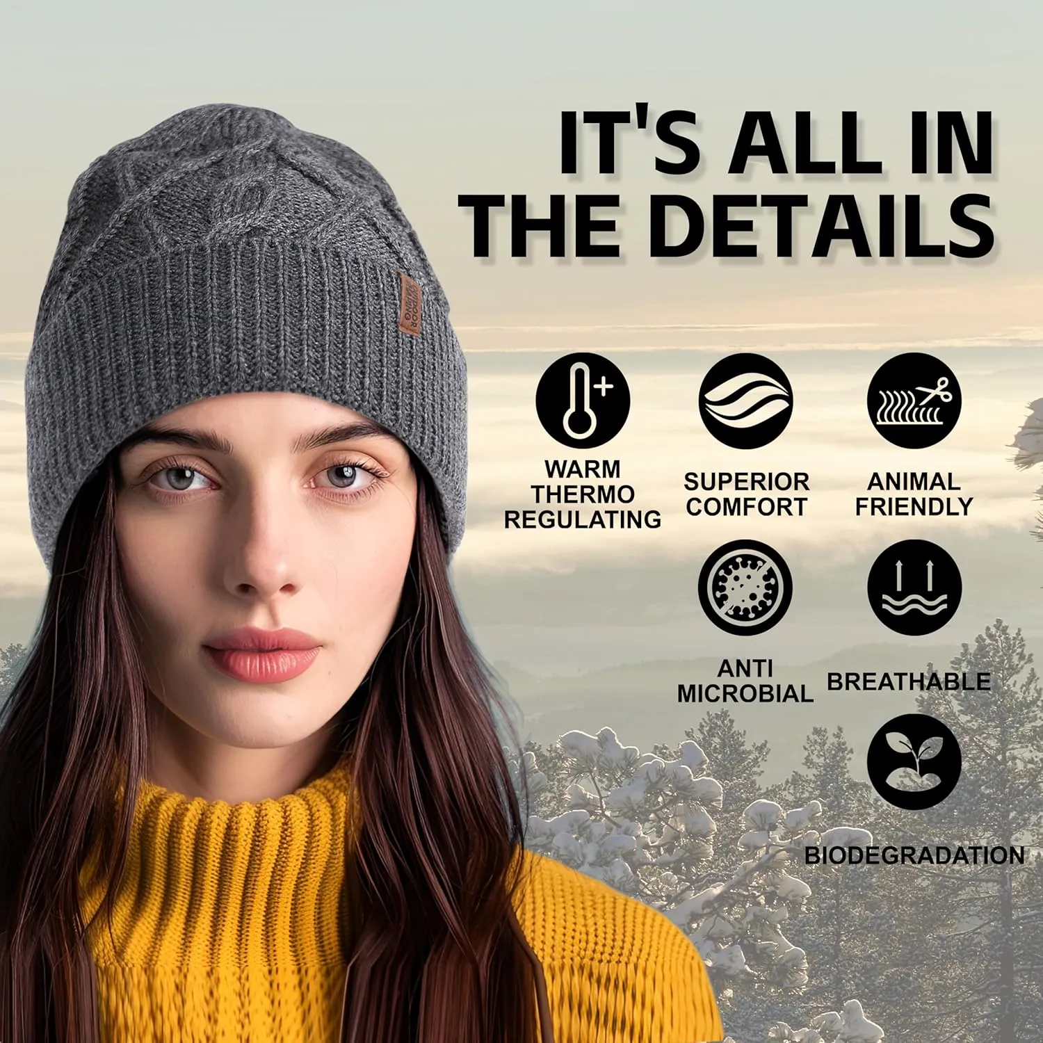 OUTDOOR SHAPING Merino Wool Beanie, Unisex Cable Knit Hat, Daily Rib Cuff Beanie, Warm Winter Cap