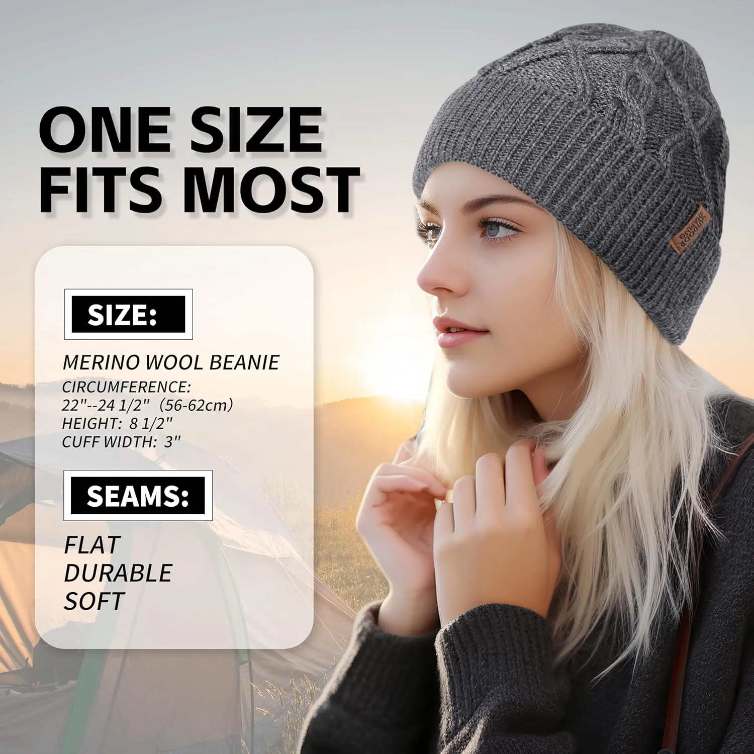 OUTDOOR SHAPING Merino Wool Beanie, Unisex Cable Knit Hat, Daily Rib Cuff Beanie, Warm Winter Cap