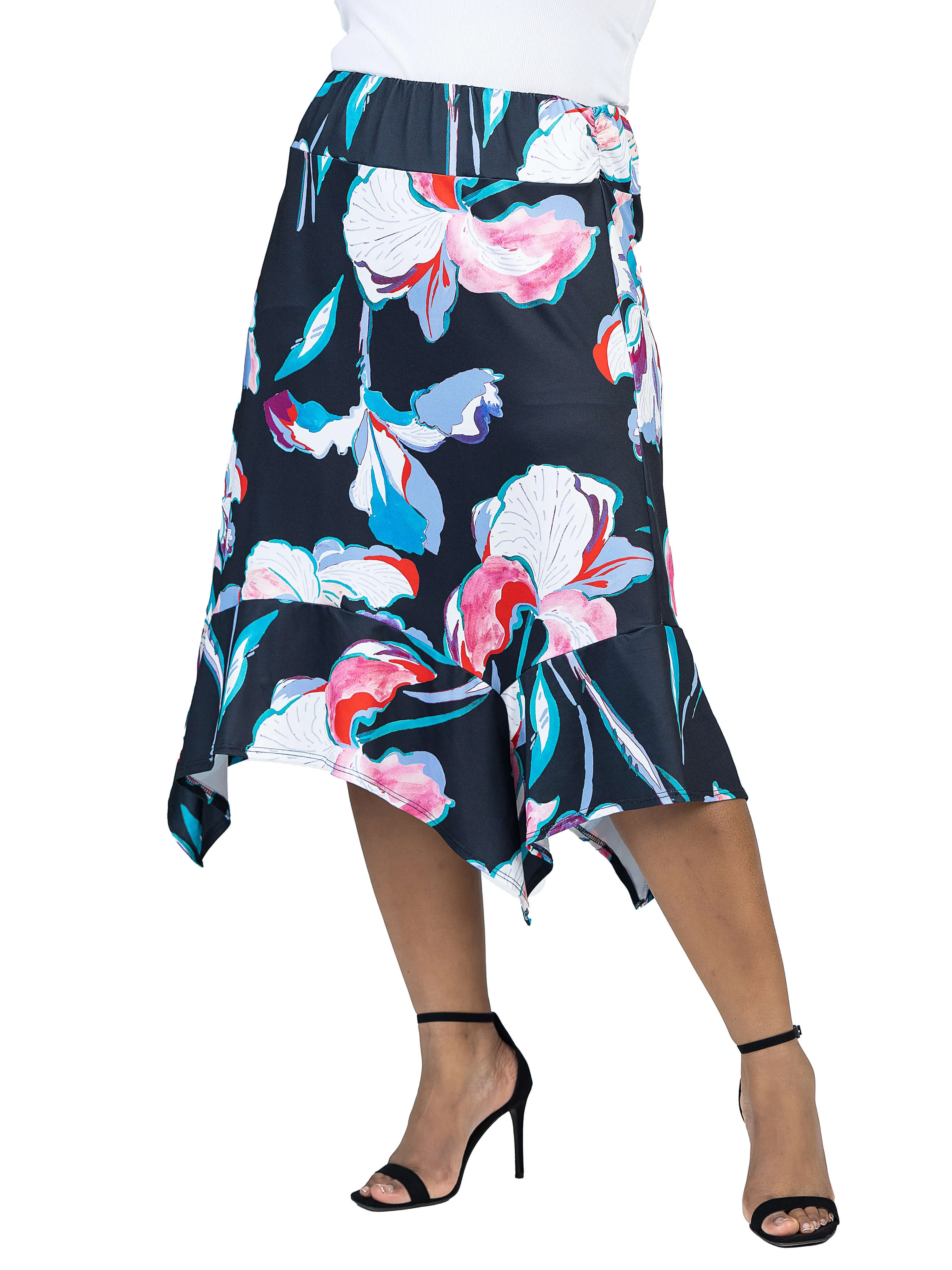 Plus Size Elastic Waist Floral Knee Length Handkerchief Hemline Skirt