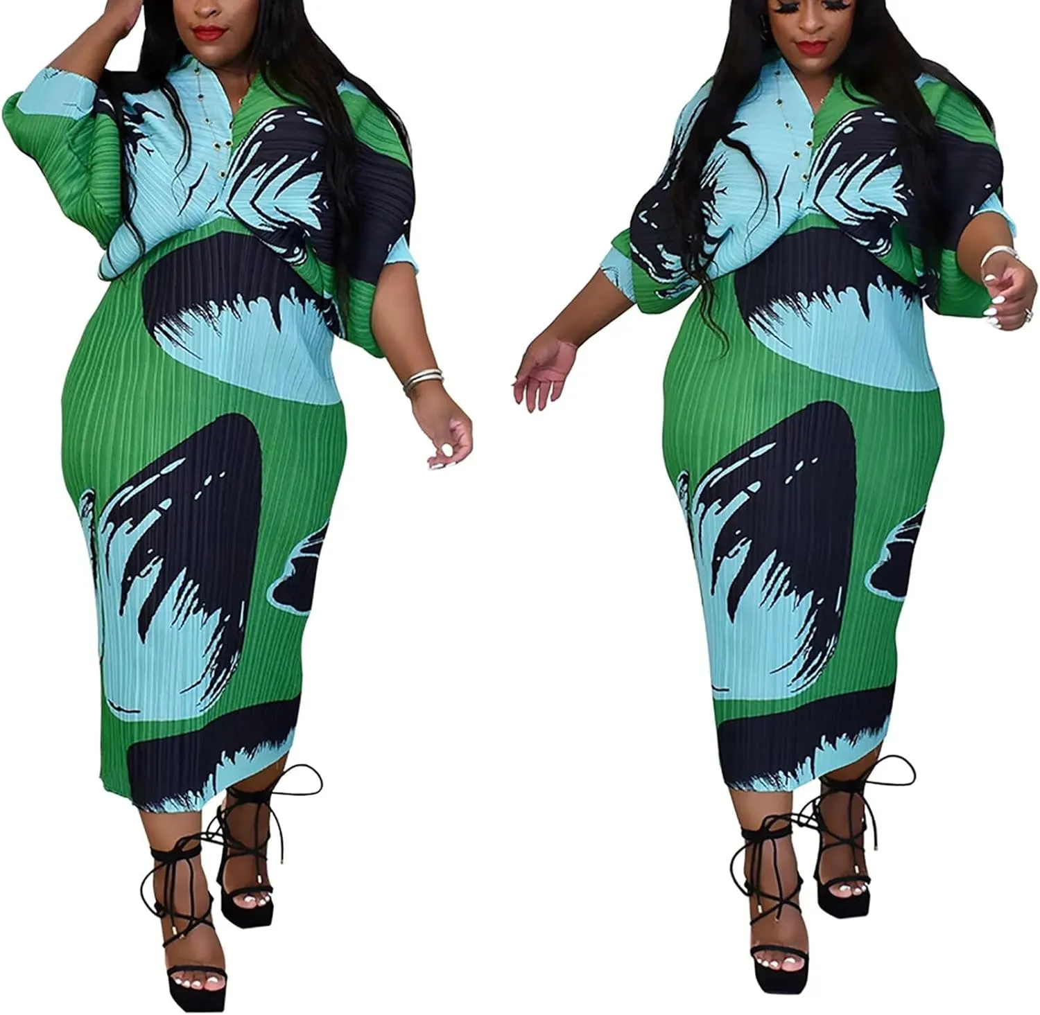 Ptorlio Sexy African Dresses Attire for Women V Neck Floral Pleated Midi Dress Plus Size