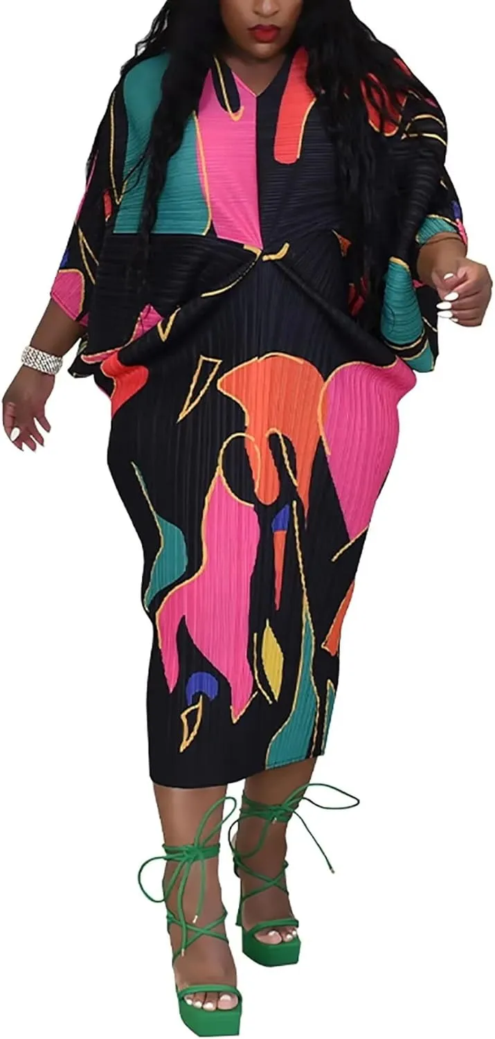 Ptorlio Sexy African Dresses Attire for Women V Neck Floral Pleated Midi Dress Plus Size