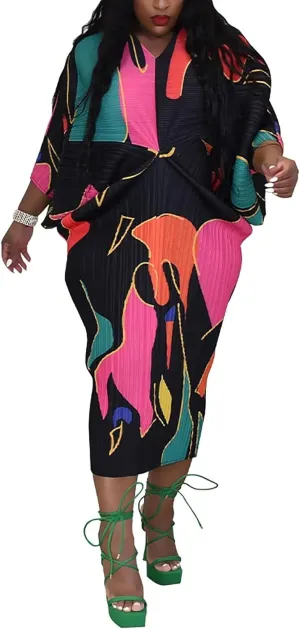 Ptorlio Sexy African Dresses Attire for Women V Neck Floral Pleated Midi Dress Plus Size