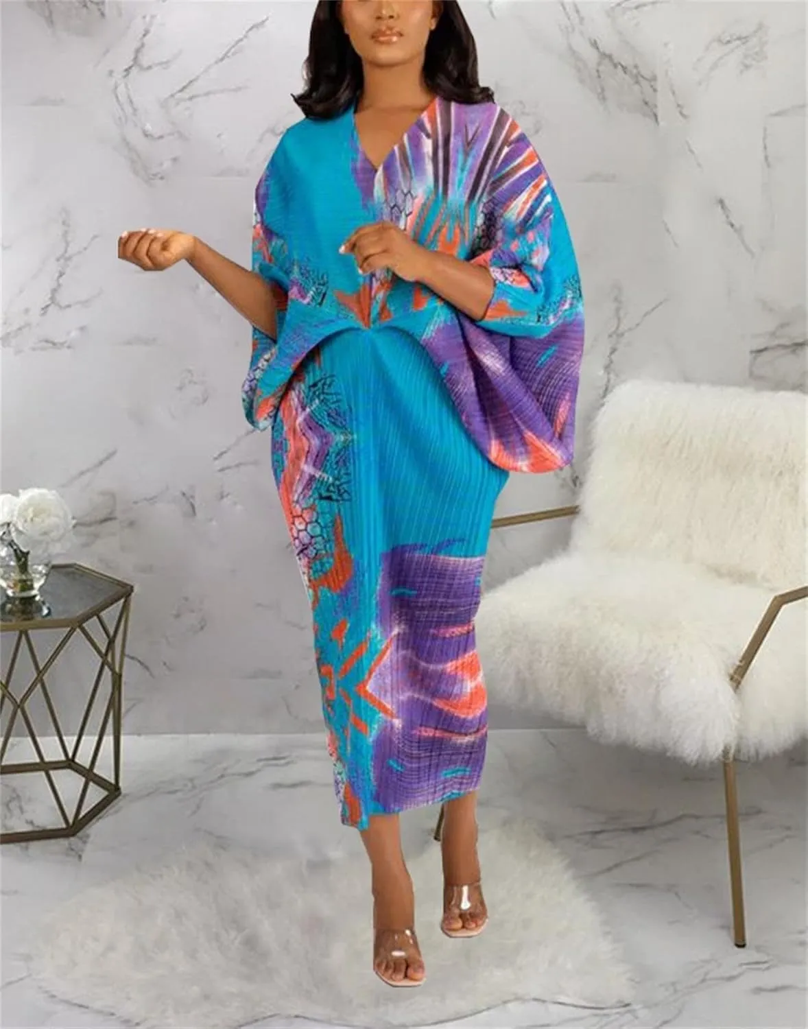 Ptorlio Sexy African Dresses Attire for Women V Neck Floral Pleated Midi Dress Plus Size