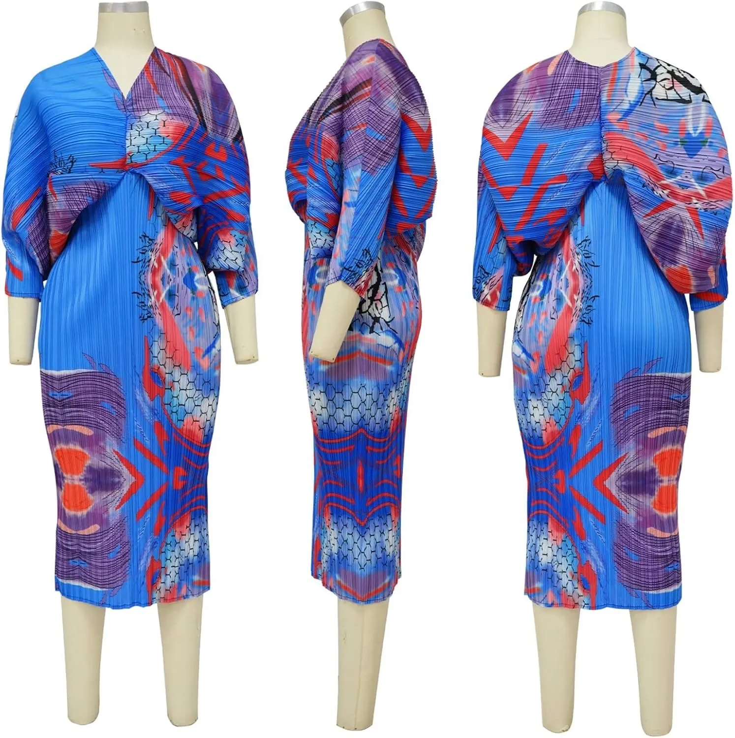 Ptorlio Sexy African Dresses Attire for Women V Neck Floral Pleated Midi Dress Plus Size
