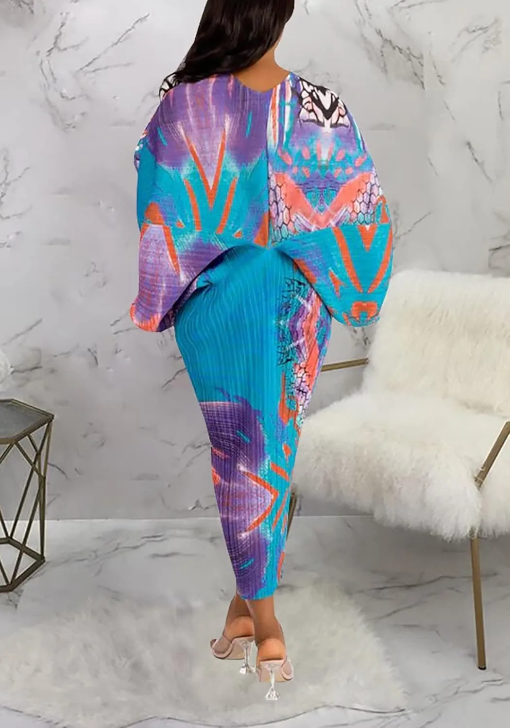 Ptorlio Sexy African Dresses Attire for Women V Neck Floral Pleated Midi Dress Plus Size