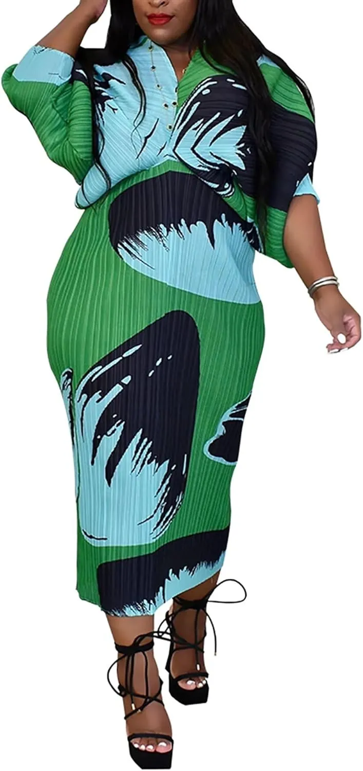 Ptorlio Sexy African Dresses Attire for Women V Neck Floral Pleated Midi Dress Plus Size