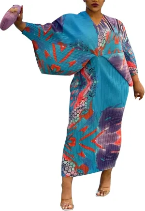 Ptorlio Sexy African Dresses Attire for Women V Neck Floral Pleated Midi Dress Plus Size
