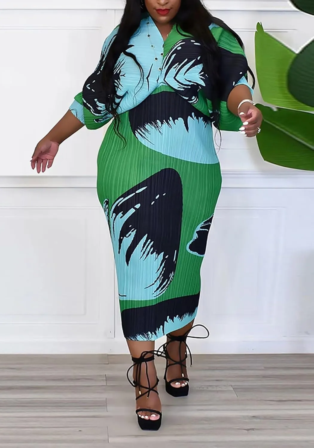 Ptorlio Sexy African Dresses Attire for Women V Neck Floral Pleated Midi Dress Plus Size