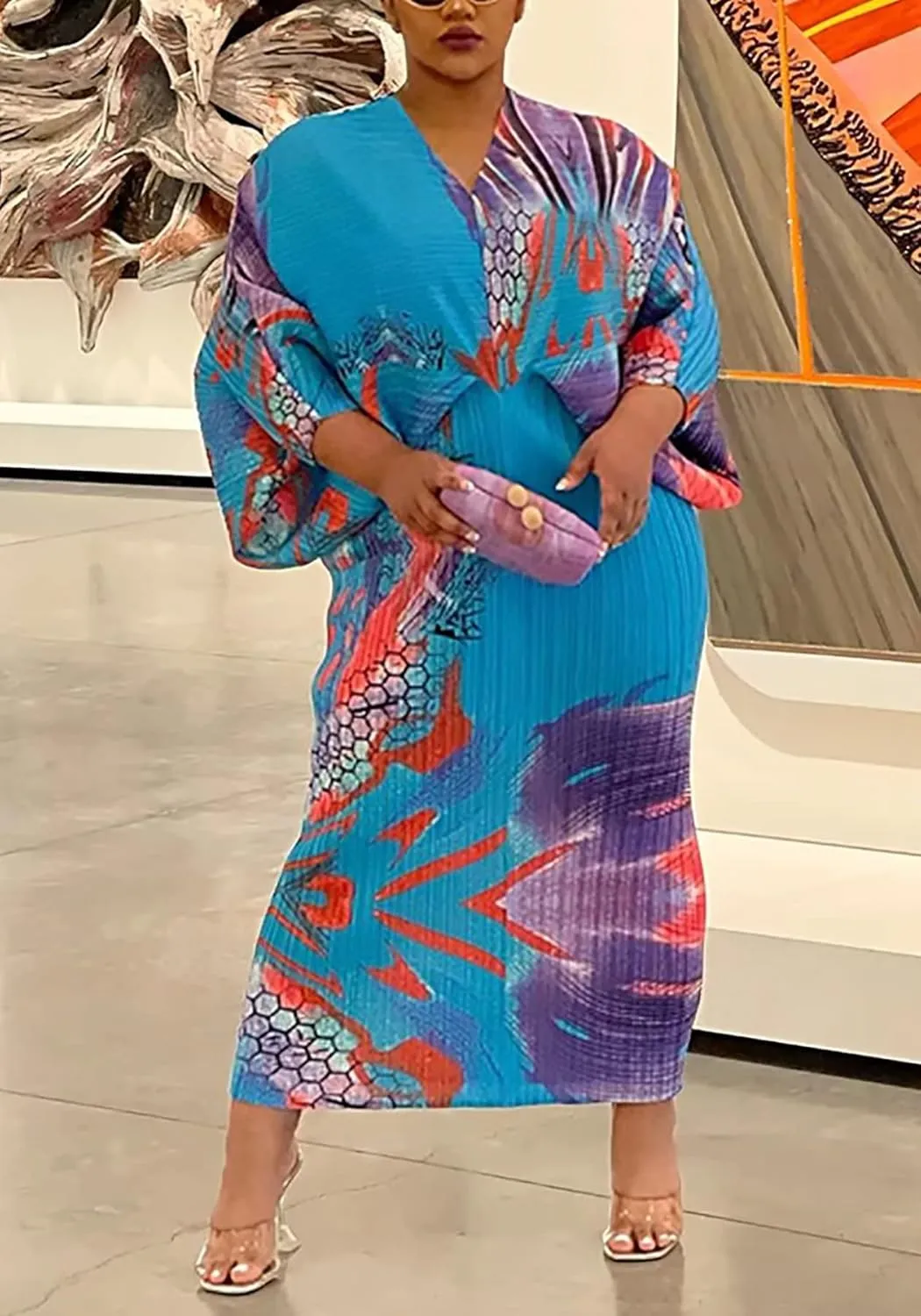 Ptorlio Sexy African Dresses Attire for Women V Neck Floral Pleated Midi Dress Plus Size