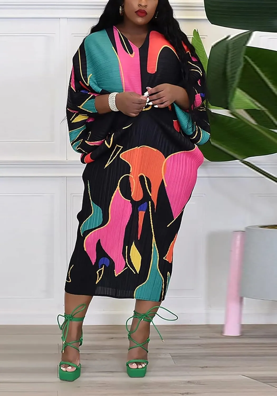 Ptorlio Sexy African Dresses Attire for Women V Neck Floral Pleated Midi Dress Plus Size