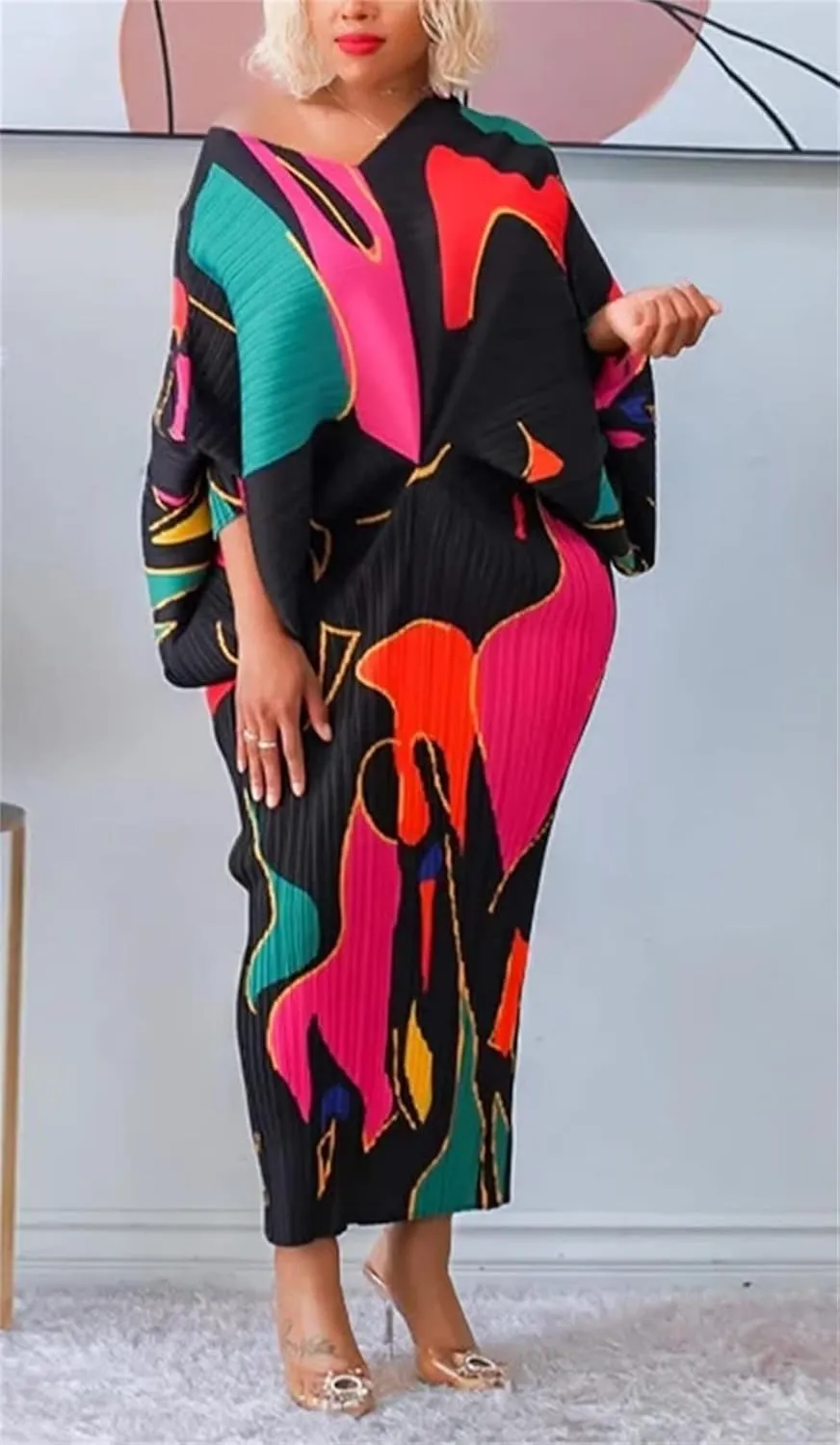 Ptorlio Sexy African Dresses Attire for Women V Neck Floral Pleated Midi Dress Plus Size