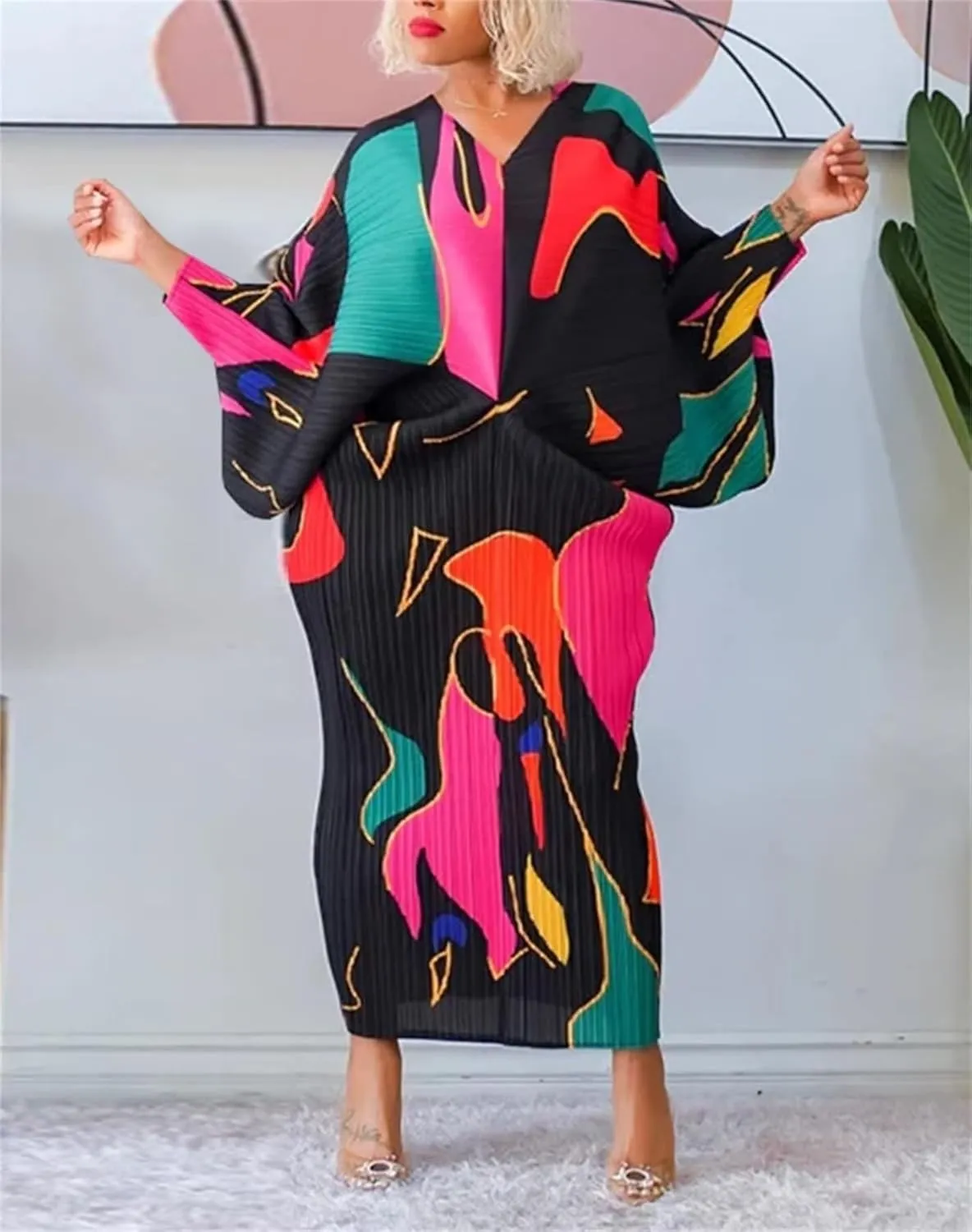 Ptorlio Sexy African Dresses Attire for Women V Neck Floral Pleated Midi Dress Plus Size