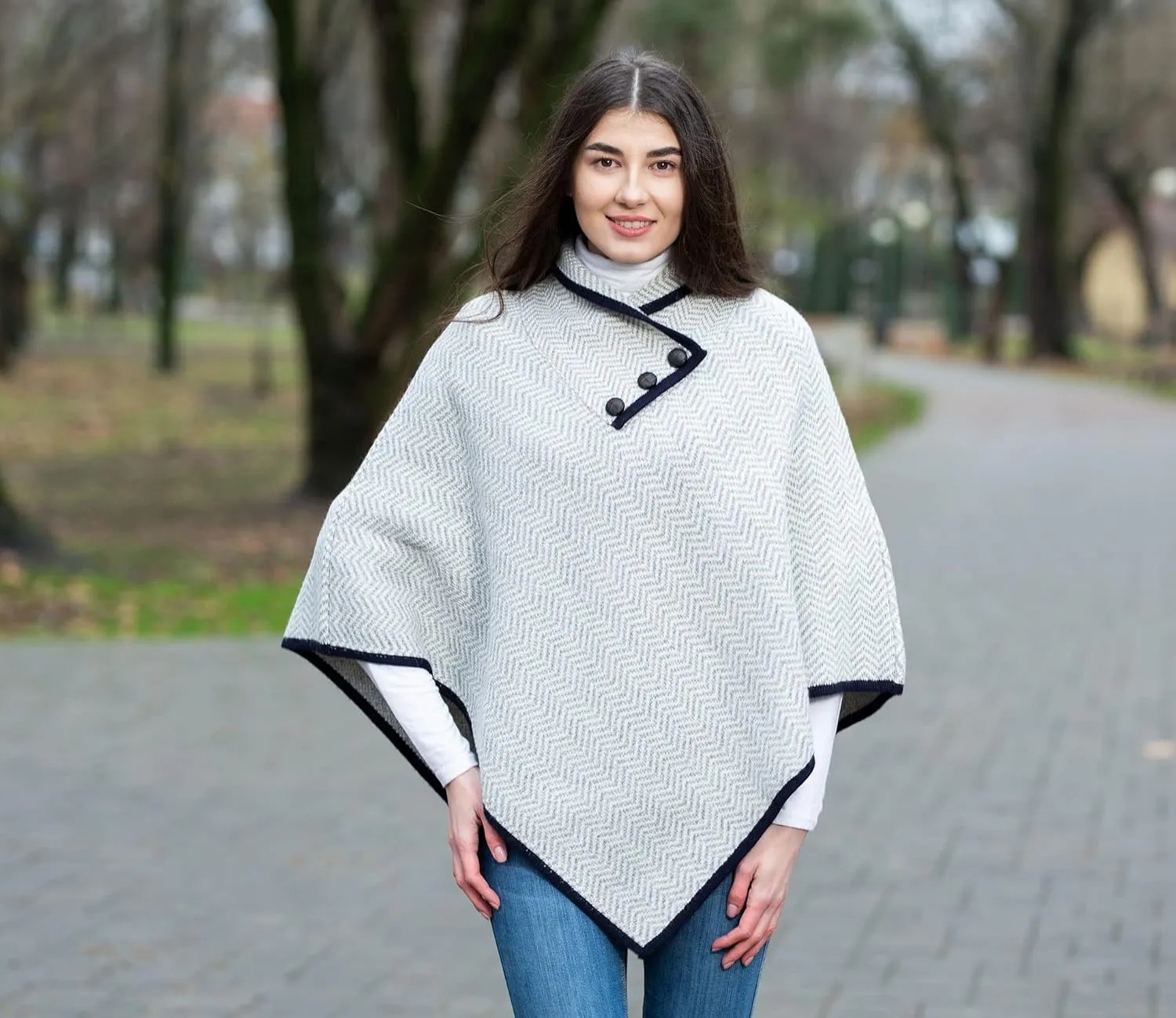 SAOL Ladies Herringbone Poncho Sweater Soft Wool Blend
