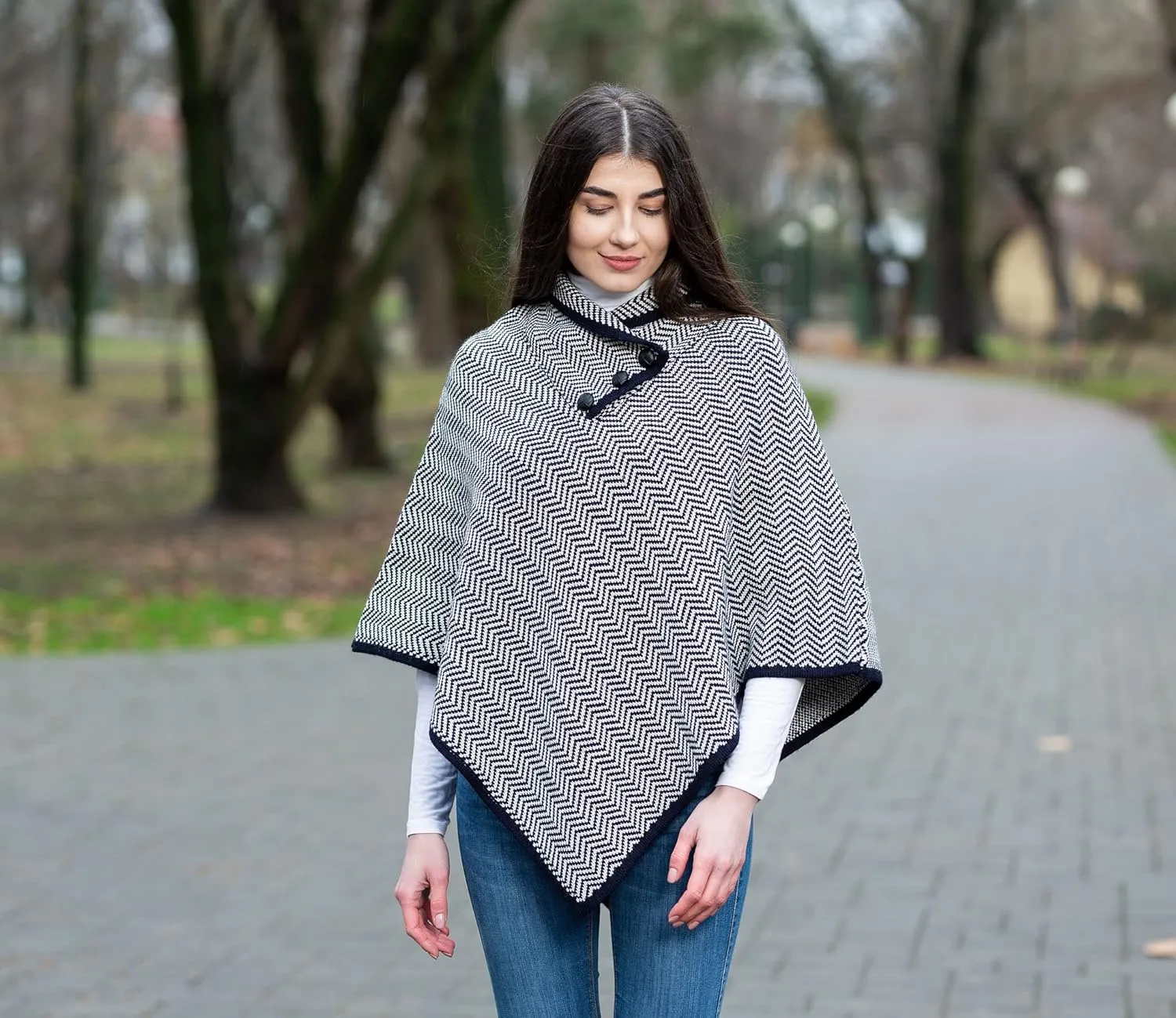 SAOL Ladies Herringbone Poncho Sweater Soft Wool Blend