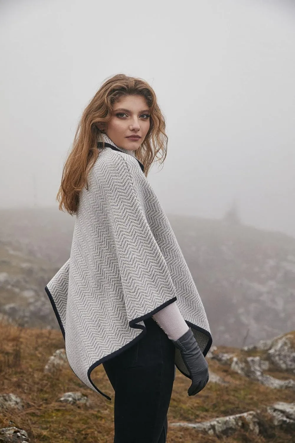 SAOL Ladies Herringbone Poncho Sweater Soft Wool Blend