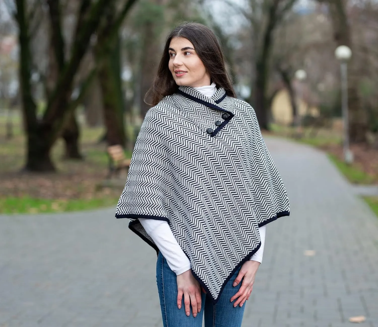 SAOL Ladies Herringbone Poncho Sweater Soft Wool Blend