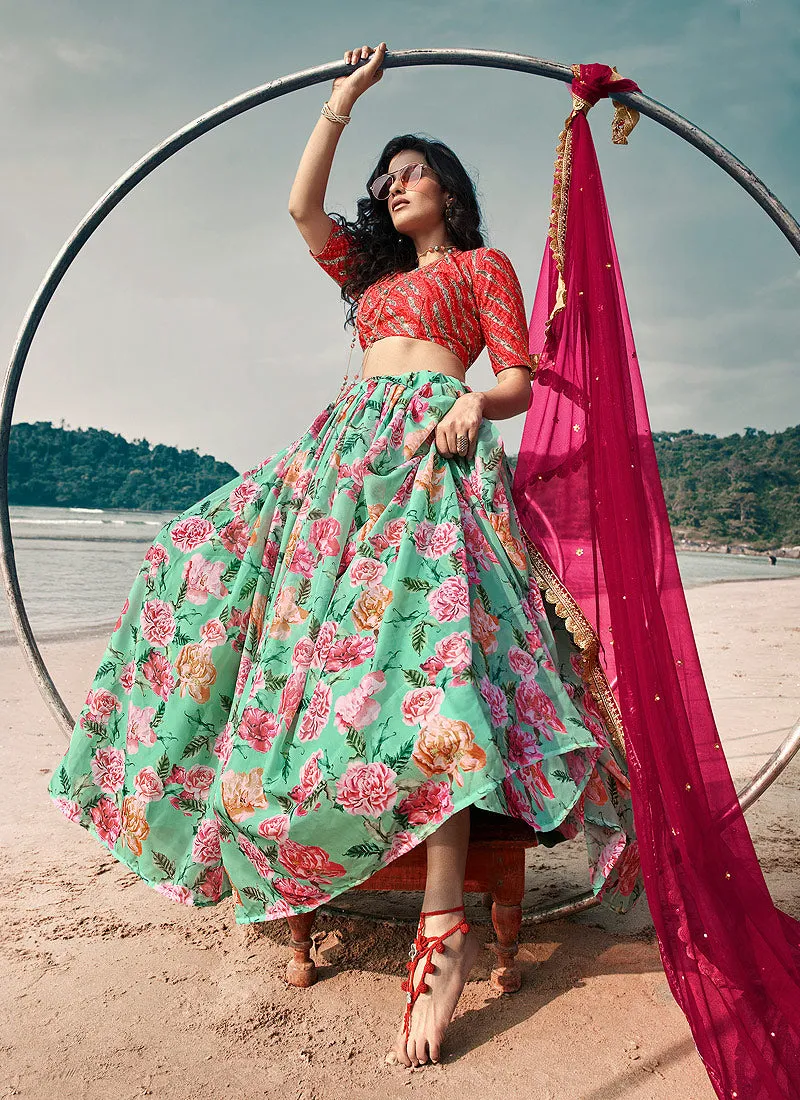 Sea Blue Floral Prints And Embroidered Lehenga Choli